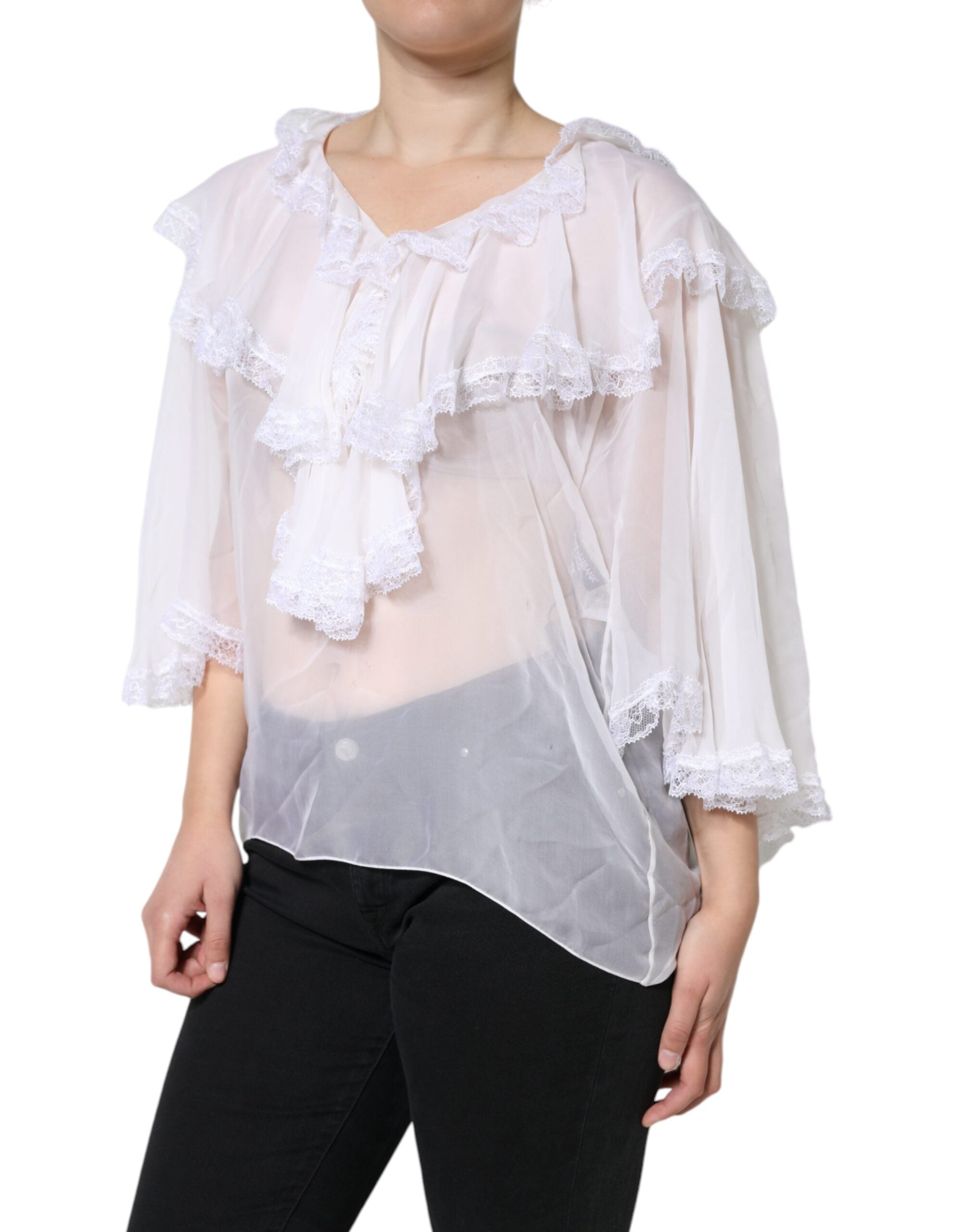 White Ruffles Lace Long Sleeve Blouse Top - ventzia