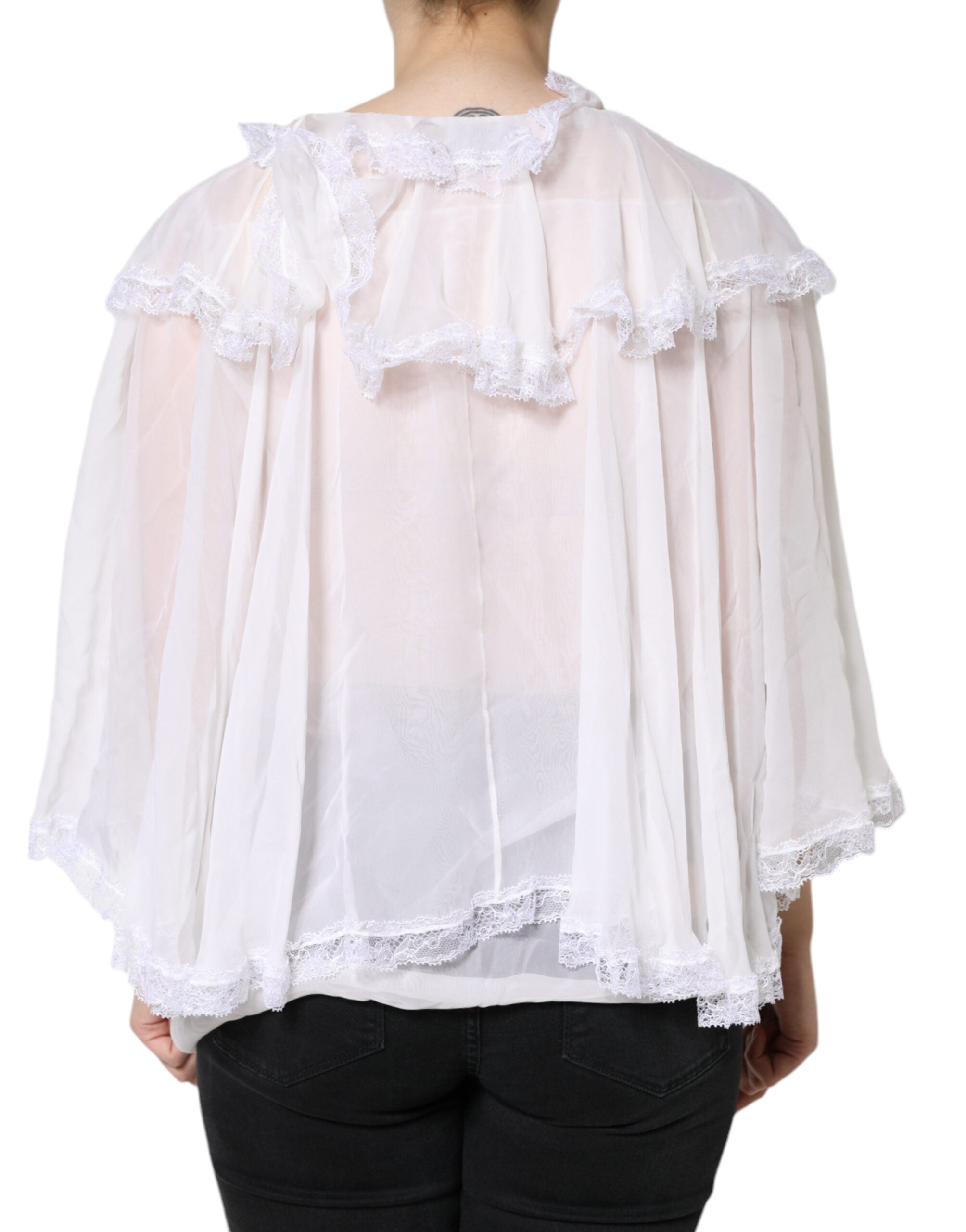 White Ruffles Lace Long Sleeve Blouse Top - ventzia