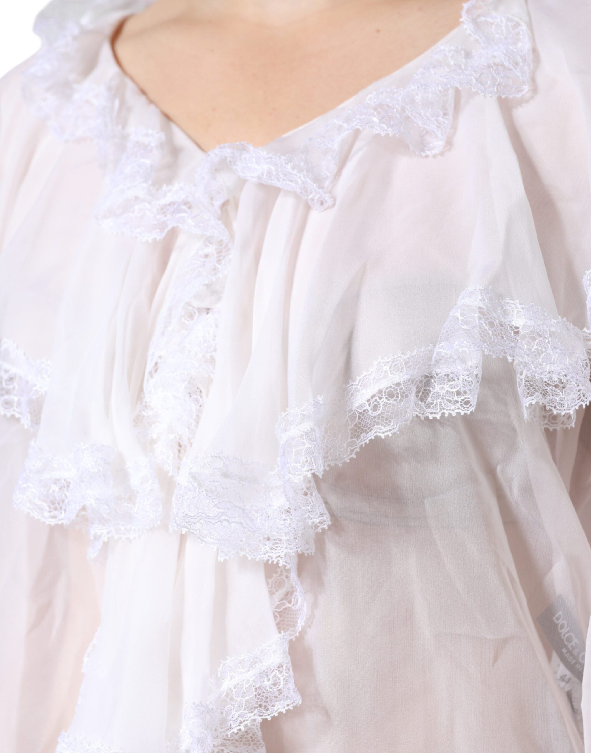 White Ruffles Lace Long Sleeve Blouse Top - ventzia