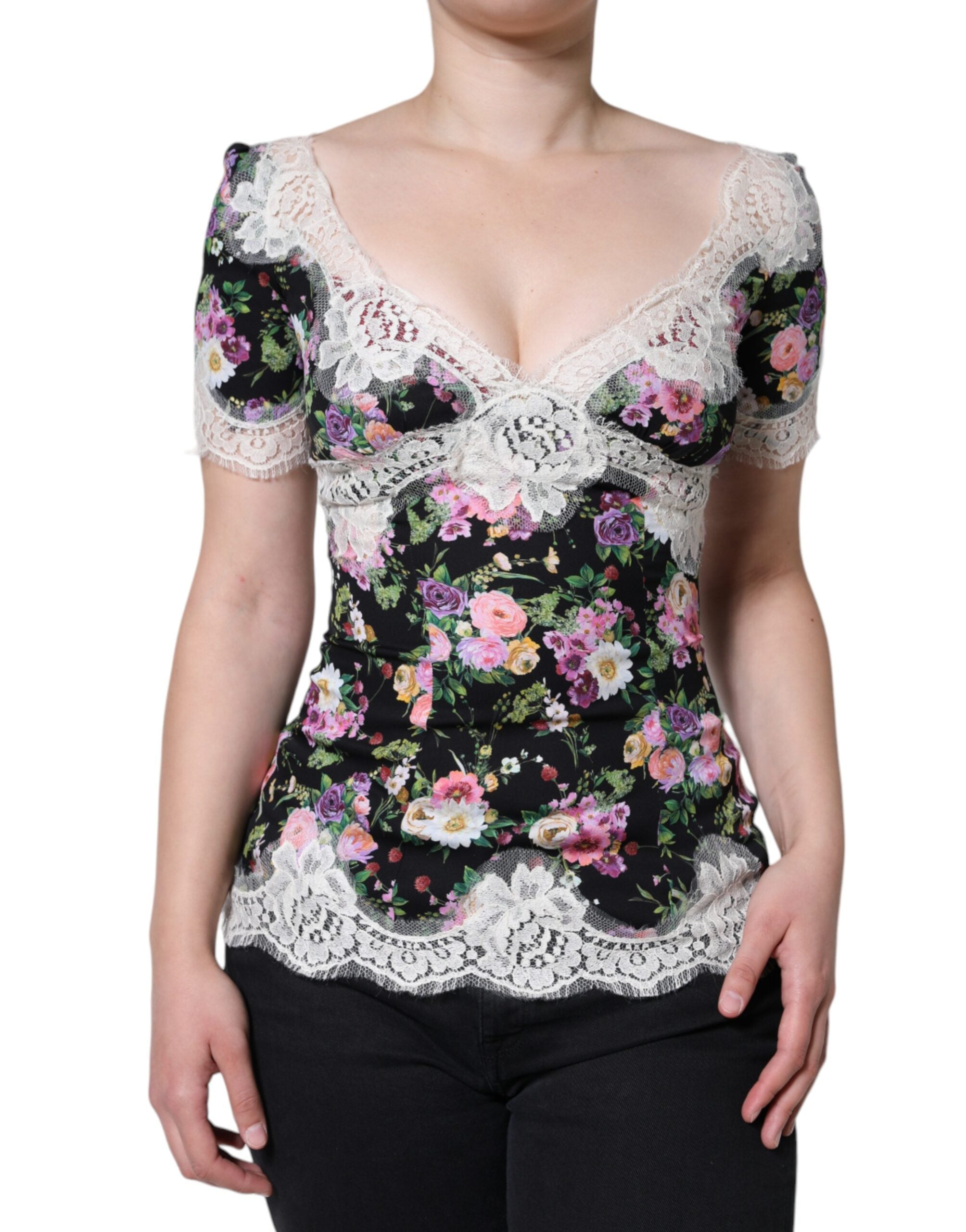 Black Floral Lace Short Sleeves Blouse Top - ventzia