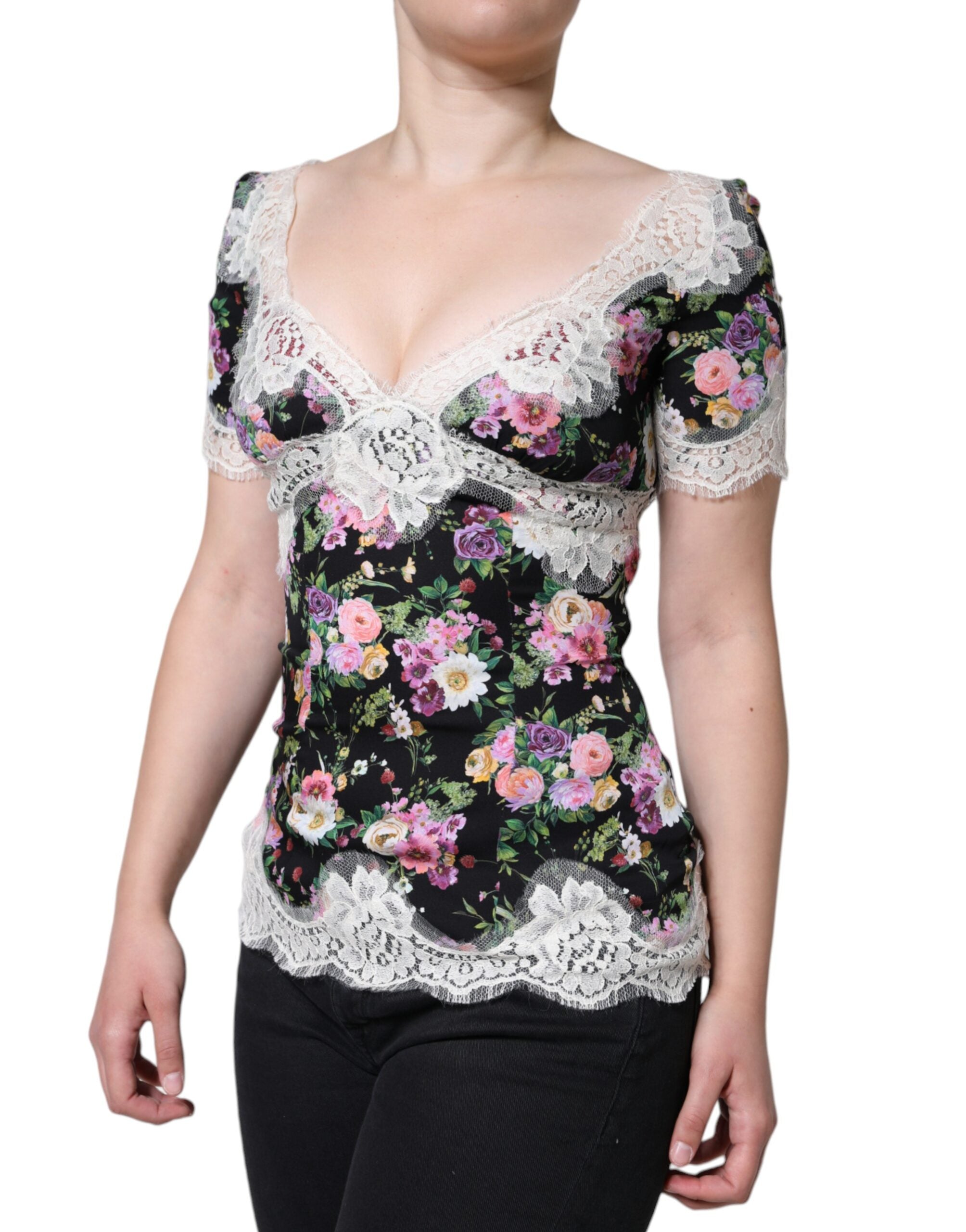 Black Floral Lace Short Sleeves Blouse Top - ventzia