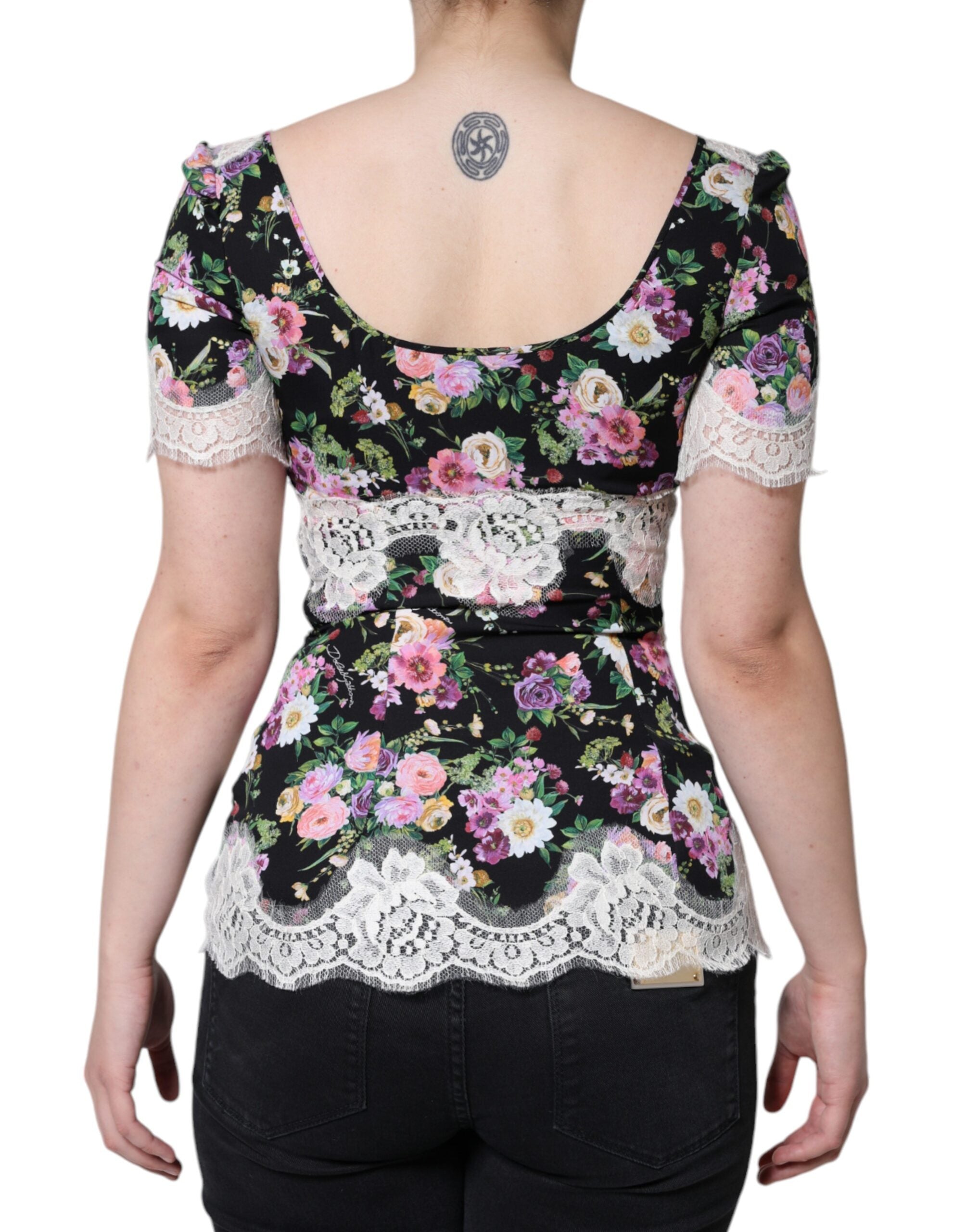 Black Floral Lace Short Sleeves Blouse Top - ventzia
