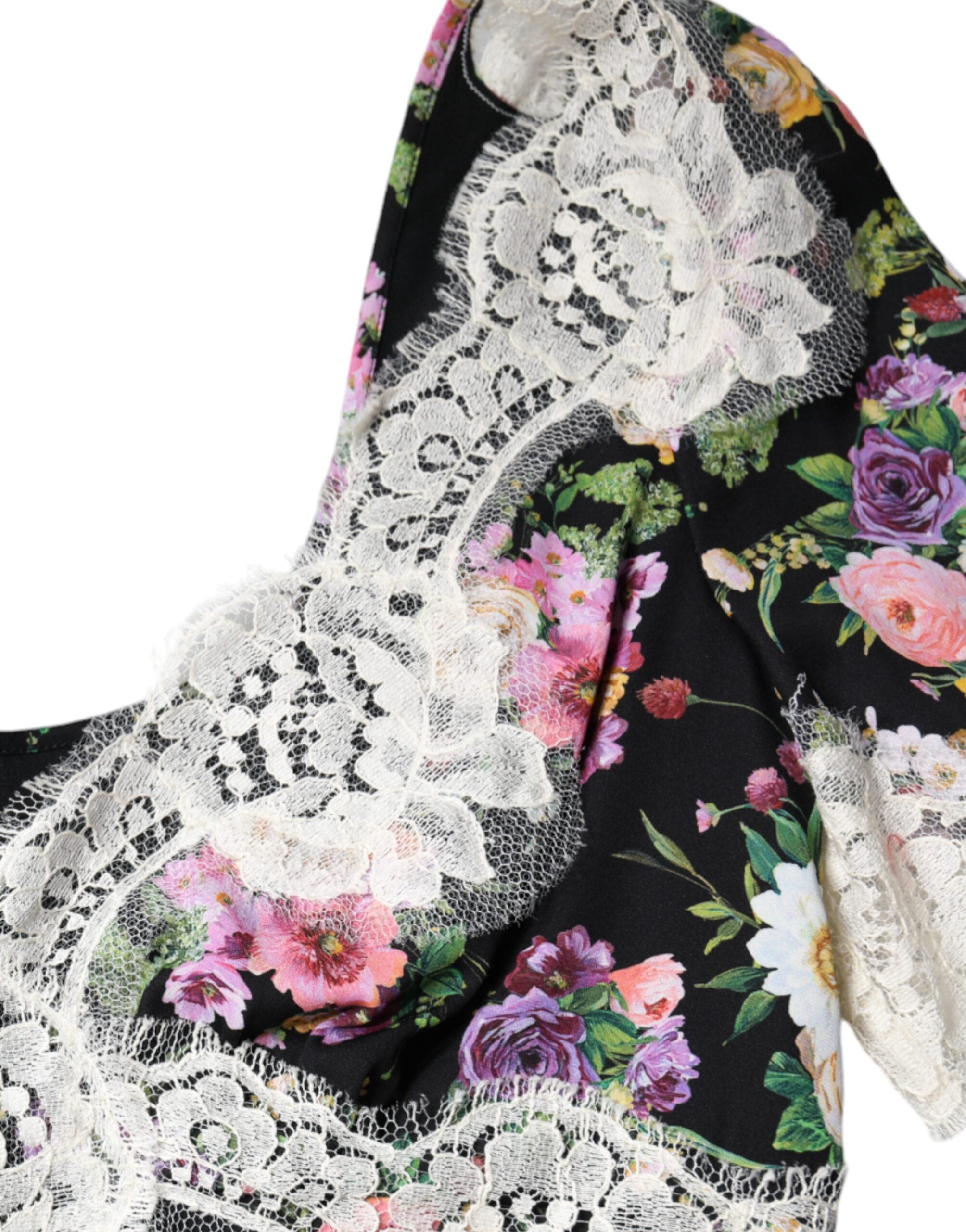 Black Floral Lace Short Sleeves Blouse Top - ventzia
