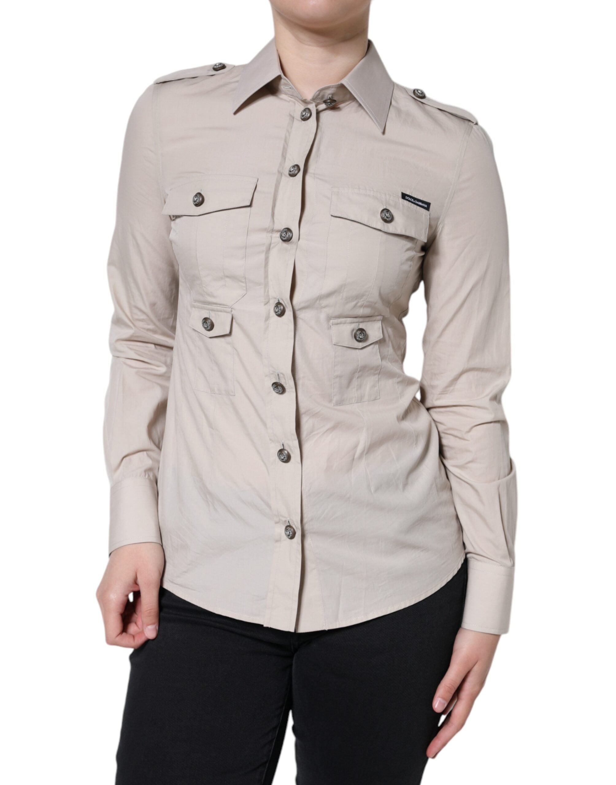 Beige Cotton Collared Button Down Shirt Top - ventzia