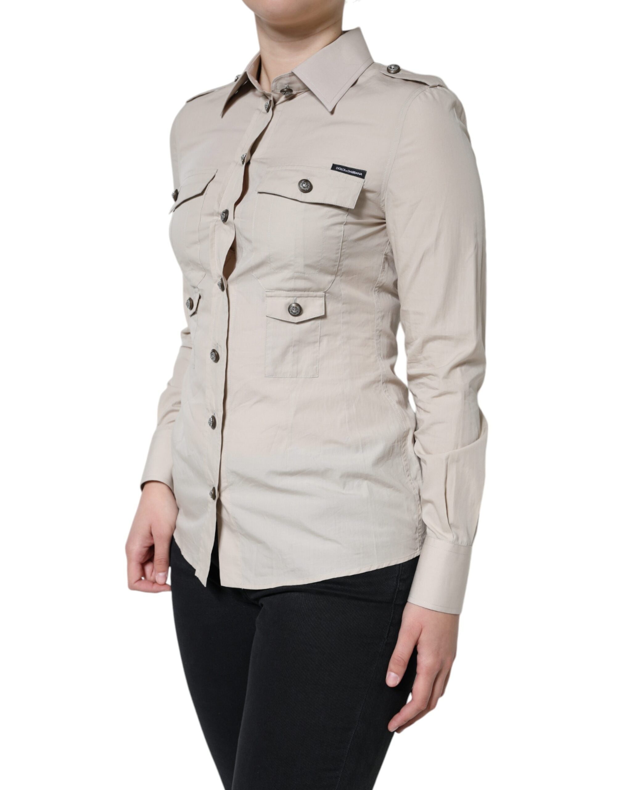 Beige Cotton Collared Button Down Shirt Top - ventzia
