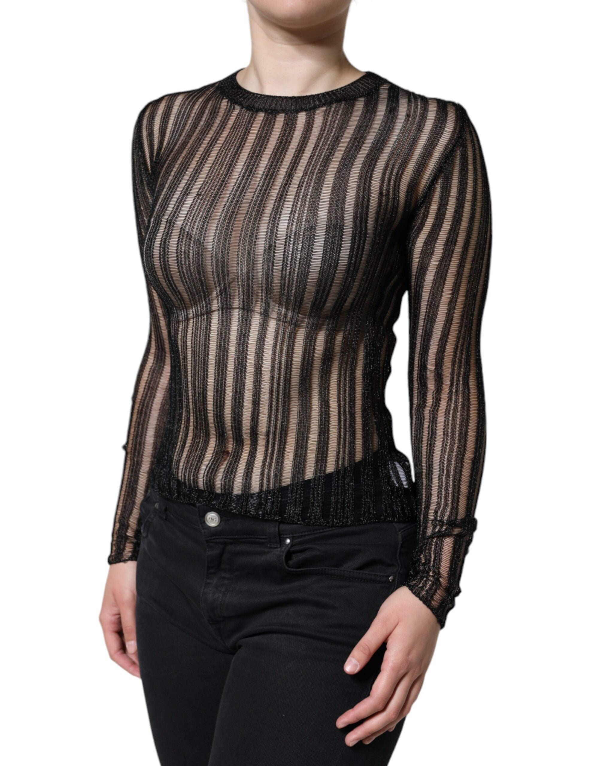 Black Stripe See Through Long Sleeves Top - ventzia