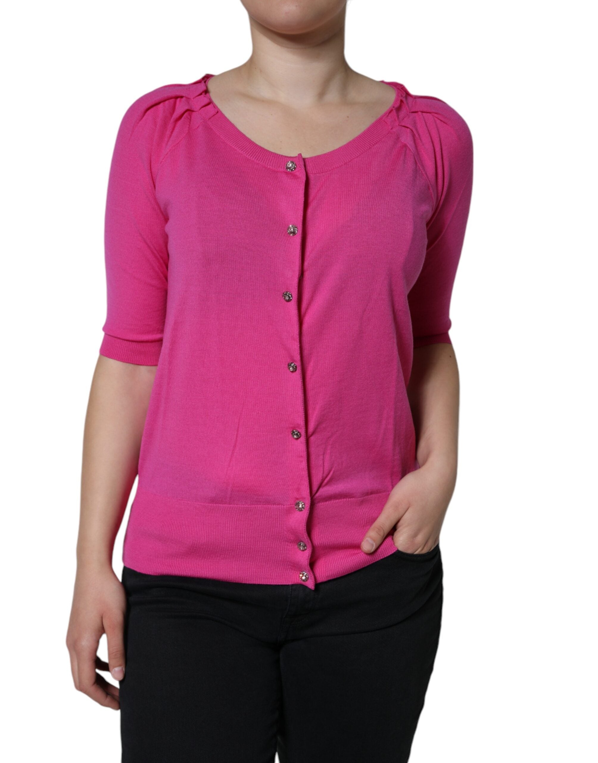 Pink Wool Button Down Short Sleeve Blouse Top - ventzia