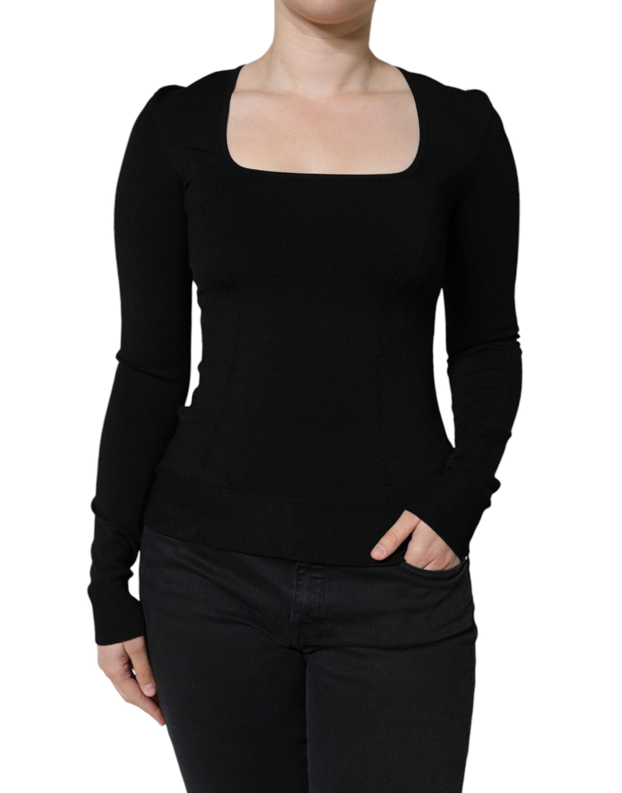 Black Long Sleeves Blouse Square Neck Top - ventzia
