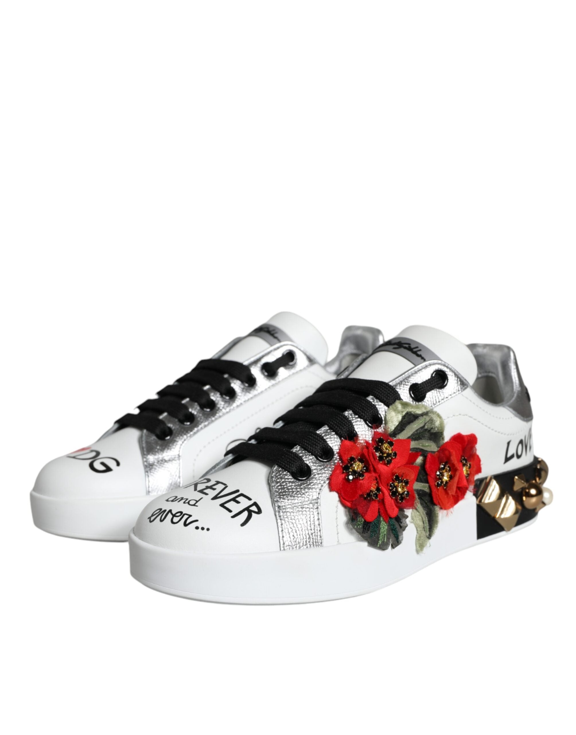 White Leather Floral Studded Sneakers Shoes - ventzia