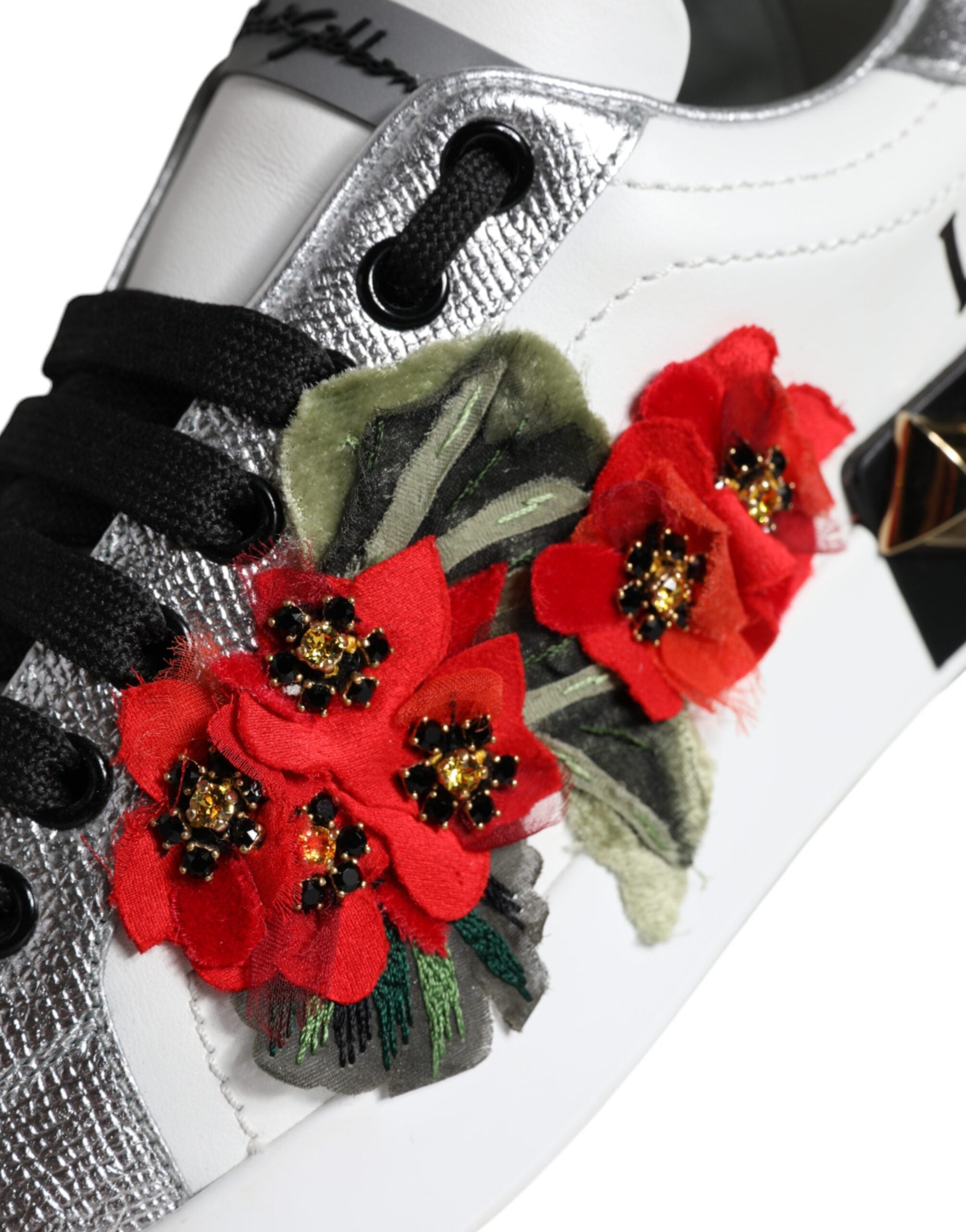 White Leather Floral Studded Sneakers Shoes - ventzia