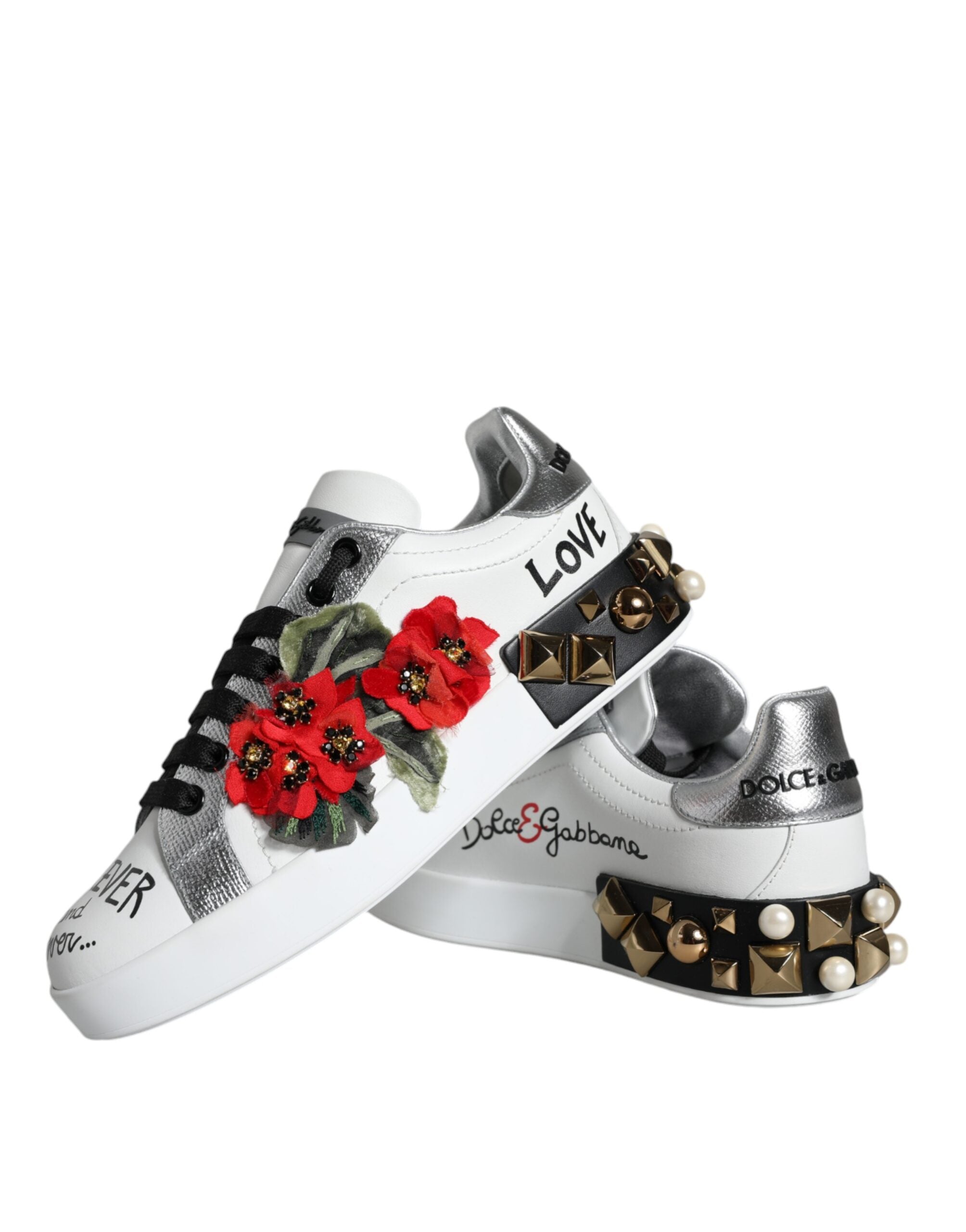 White Leather Floral Studded Sneakers Shoes - ventzia