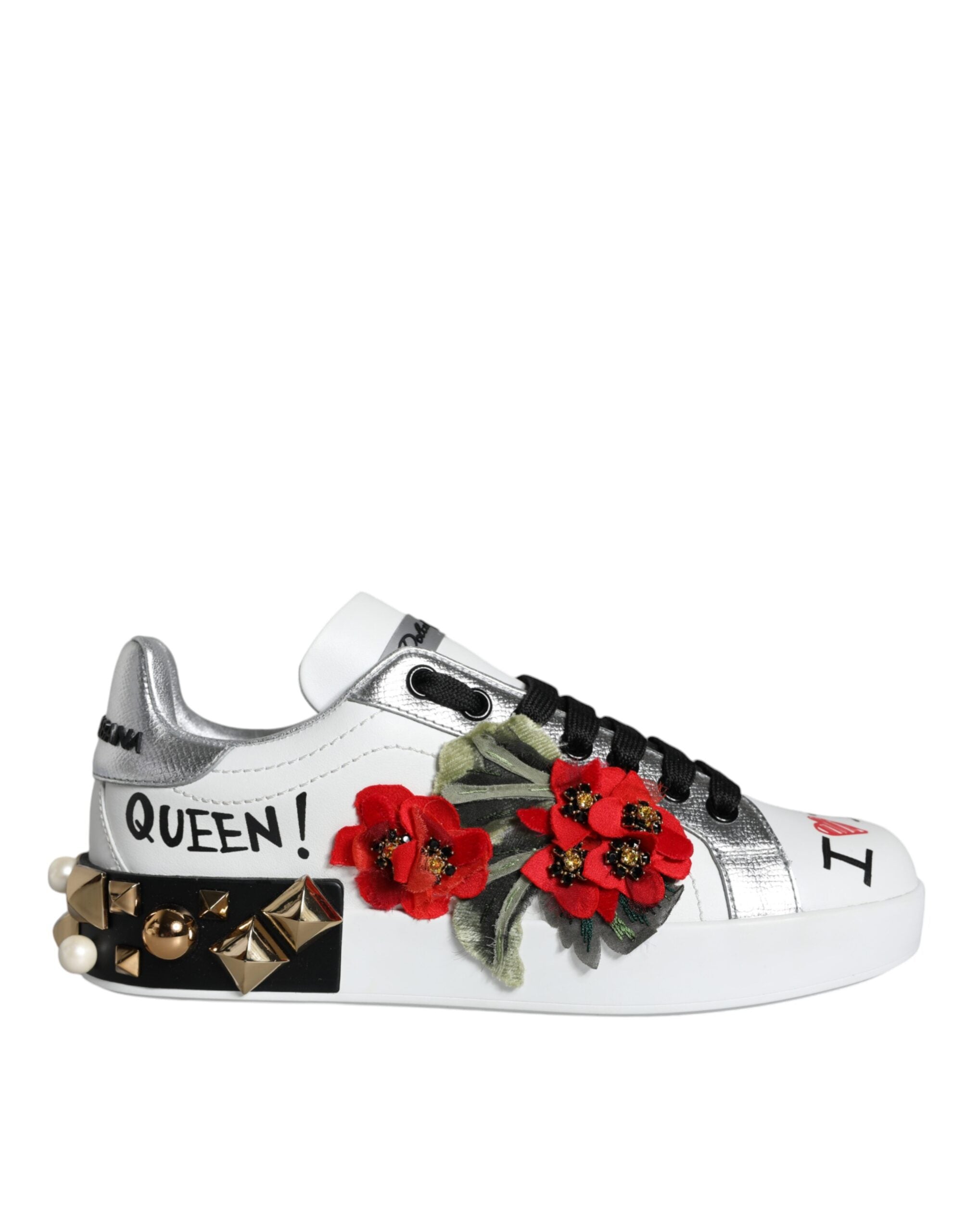 White Leather Floral Studded Sneakers Shoes - ventzia