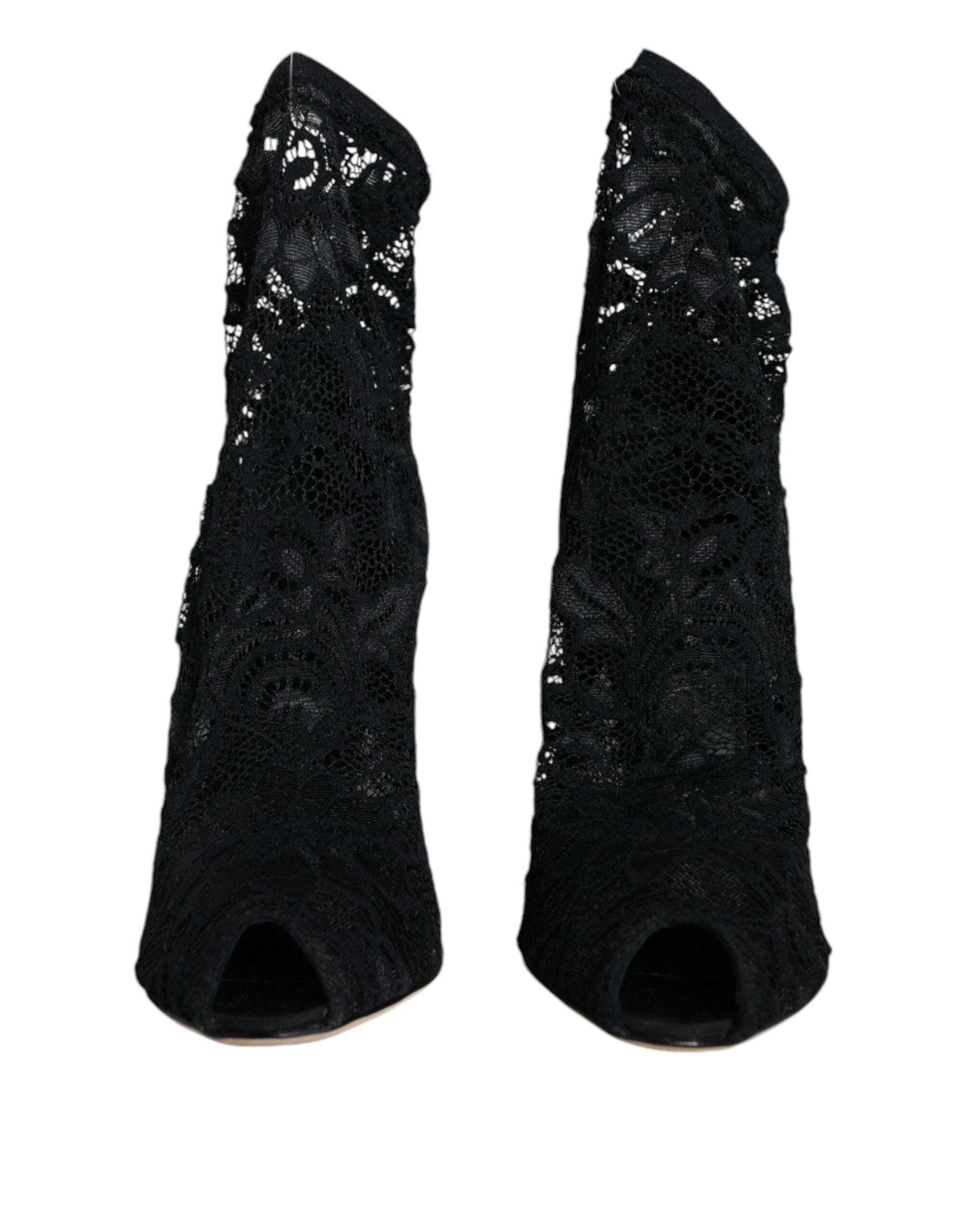 Black Lace Stretch Heels Mid Calf Boot Shoes - ventzia