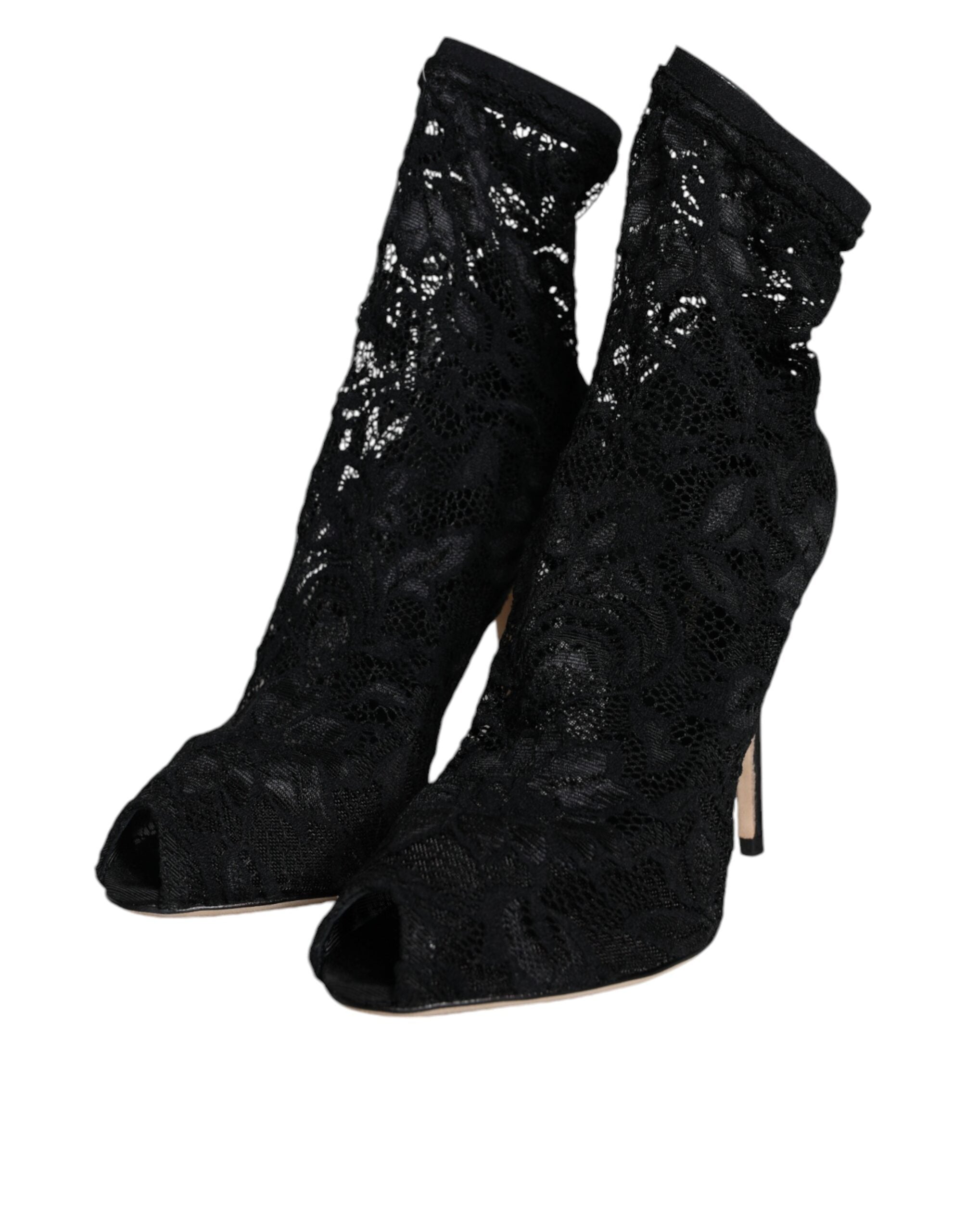 Black Lace Stretch Heels Mid Calf Boot Shoes - ventzia