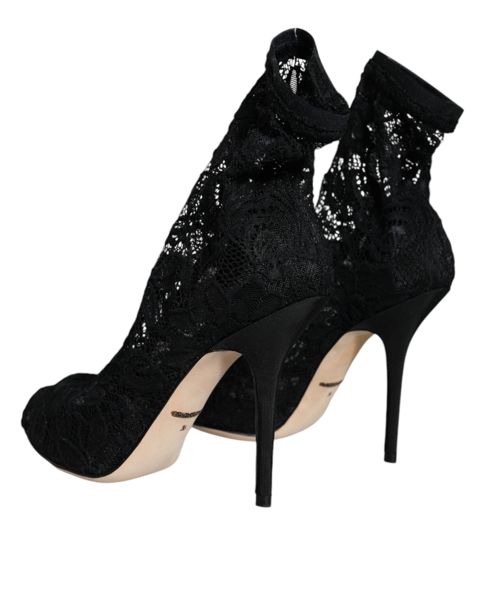 Black Lace Stretch Heels Mid Calf Boot Shoes - ventzia