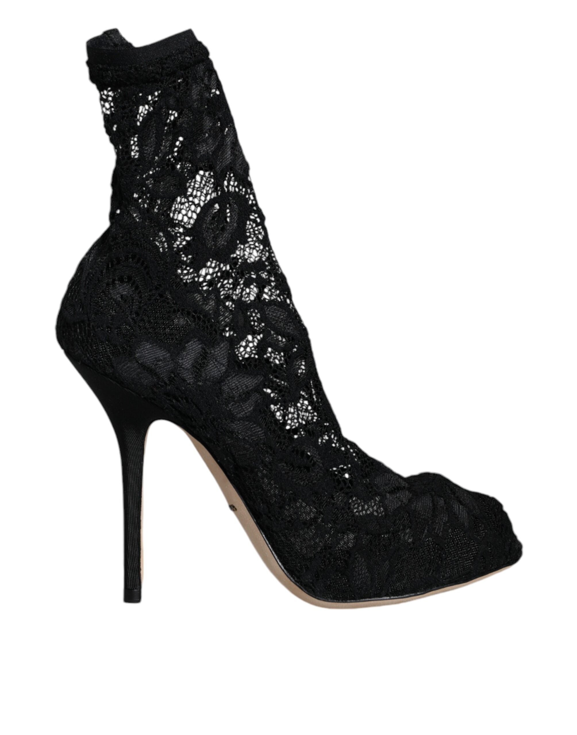 Black Lace Stretch Heels Mid Calf Boot Shoes - ventzia