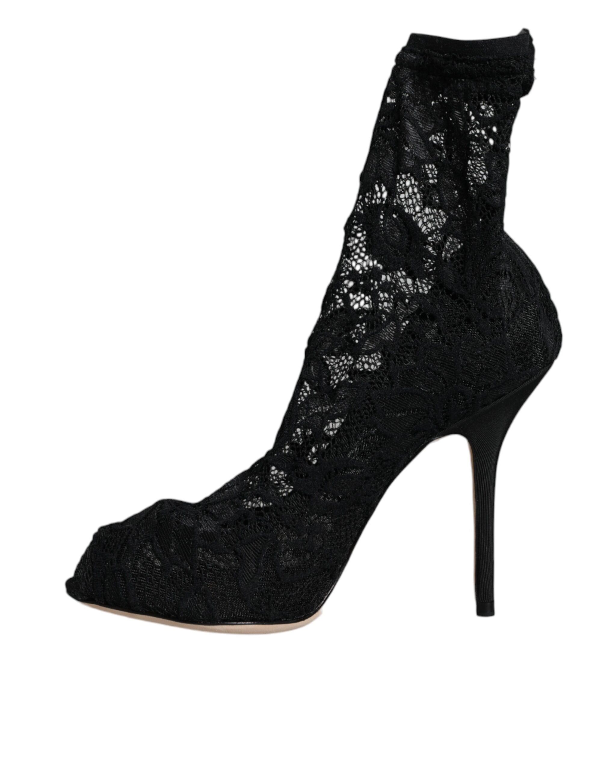 Black Lace Stretch Heels Mid Calf Boot Shoes - ventzia