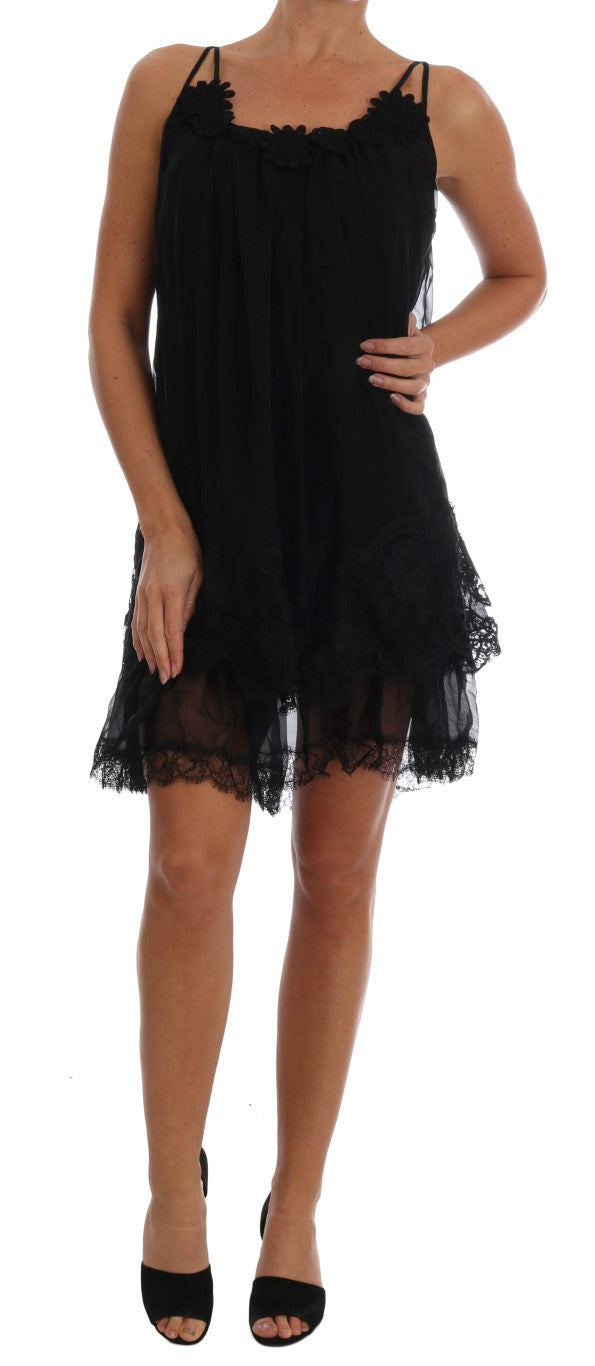 Elegant Black Silk Lace Chemise Dress - ventzia