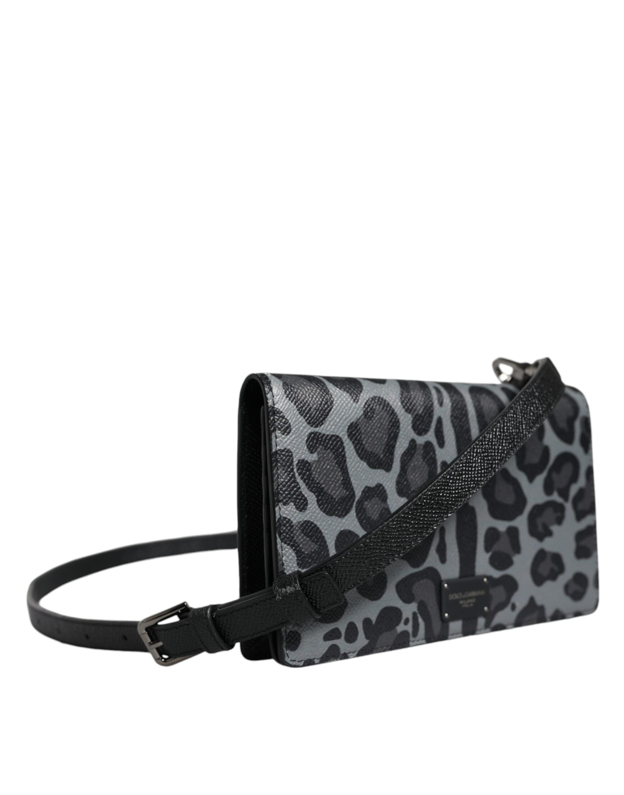 Black Gray Leopard Leather Bifold Card Slot Crossbody Bag - ventzia