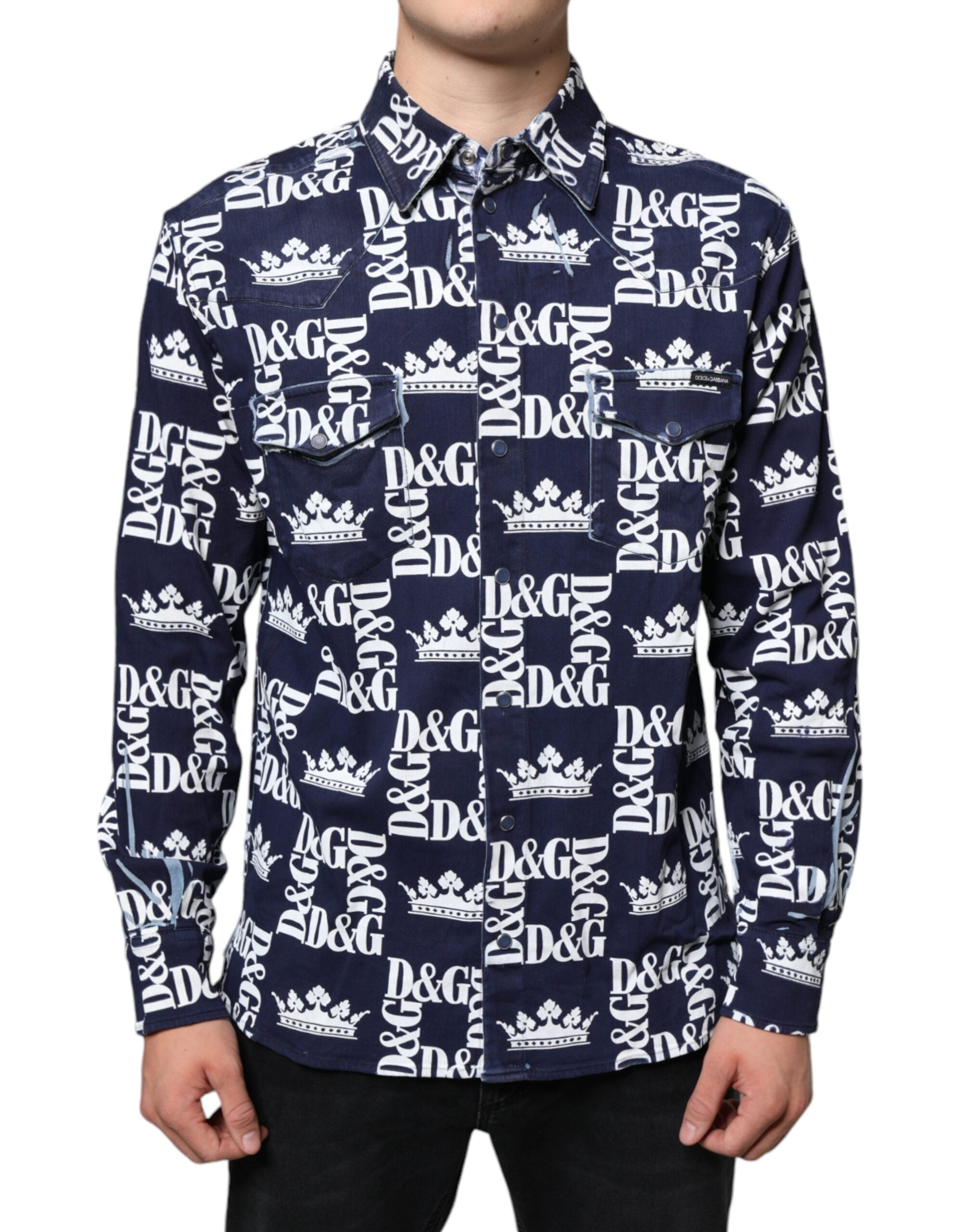 Blue Crown Logo Print Slim Fit Cotton Shirt - ventzia