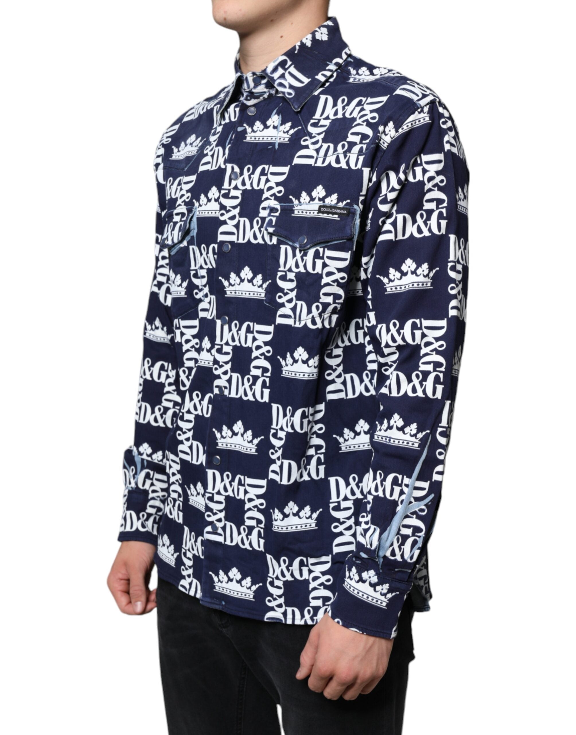 Blue Crown Logo Print Slim Fit Cotton Shirt - ventzia