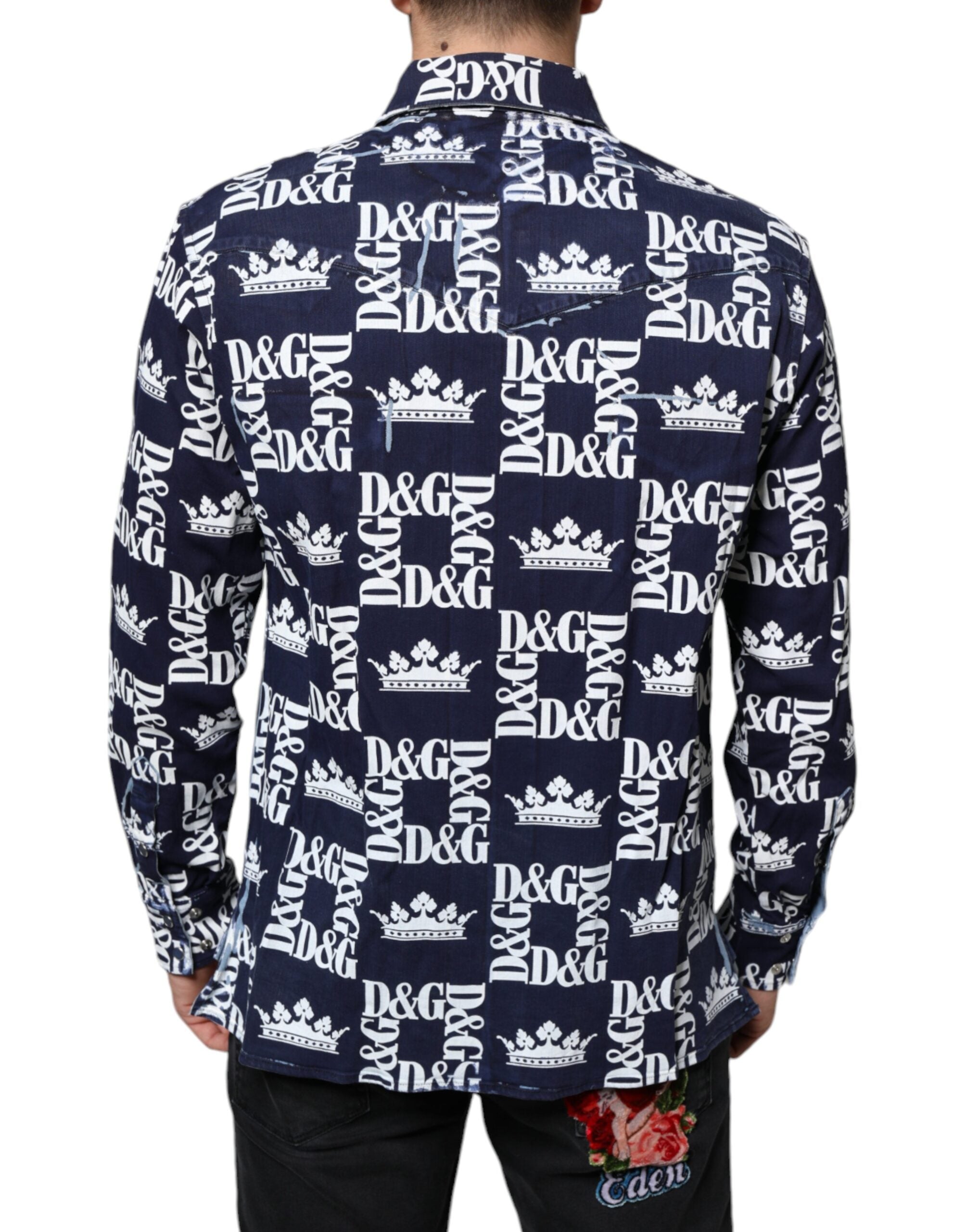 Blue Crown Logo Print Slim Fit Cotton Shirt - ventzia