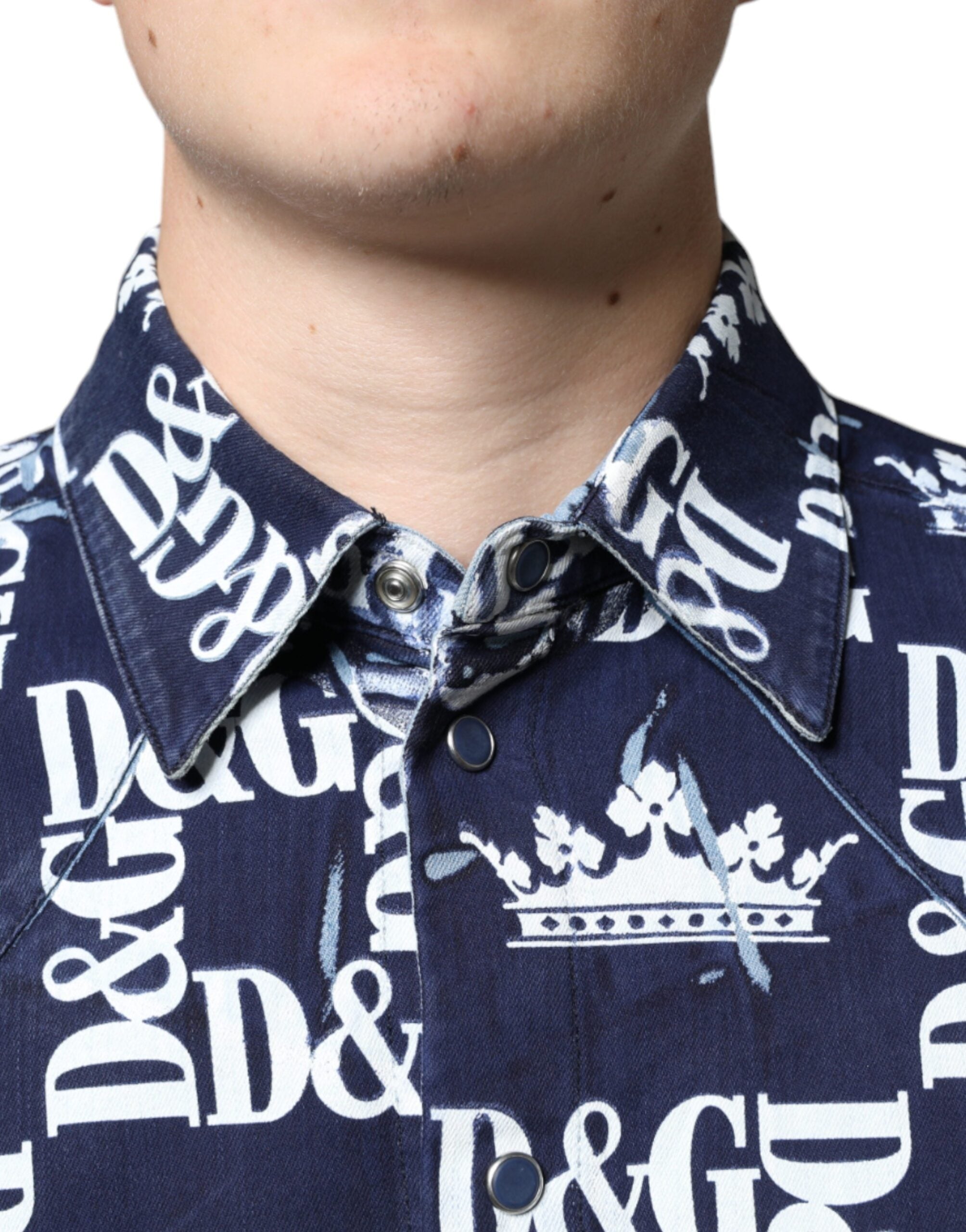 Blue Crown Logo Print Slim Fit Cotton Shirt - ventzia