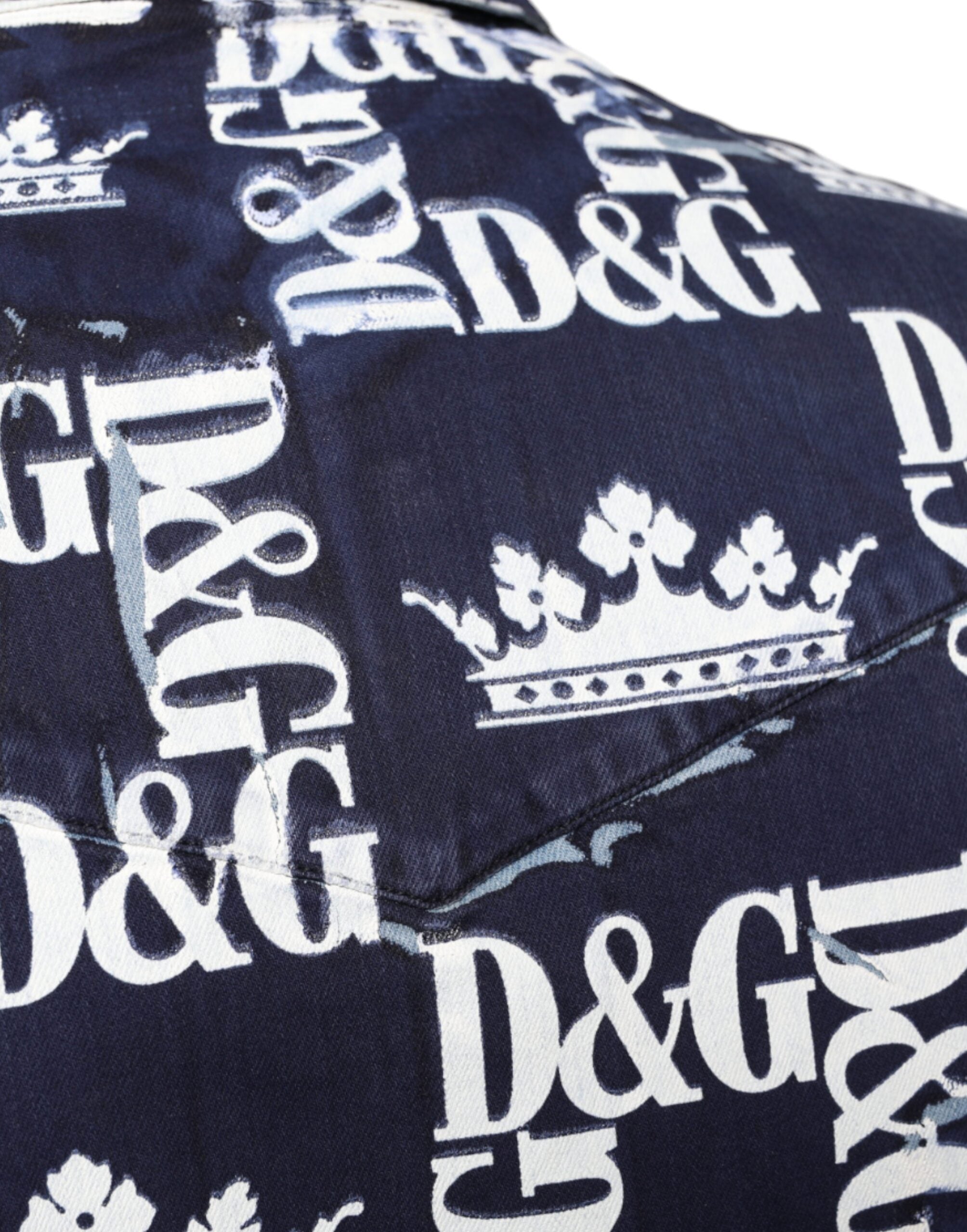 Blue Crown Logo Print Slim Fit Cotton Shirt - ventzia