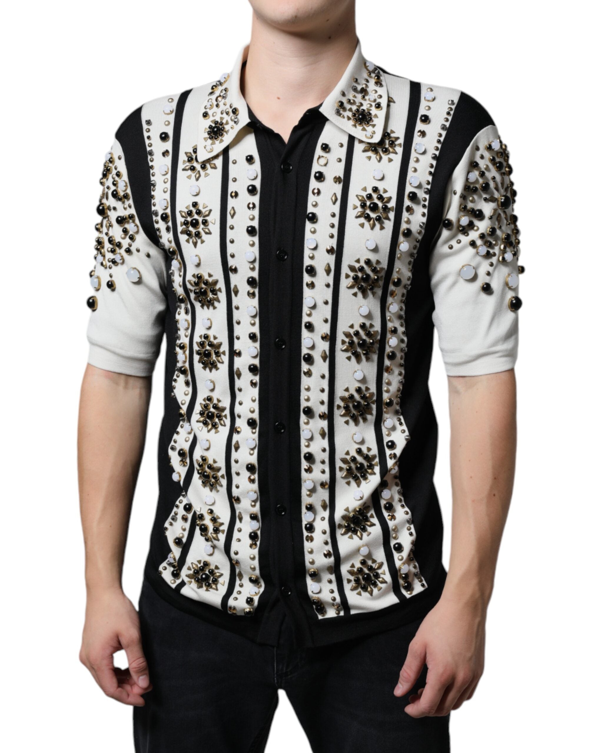 White Black Silk Studded Stone Crystal Shirt - ventzia