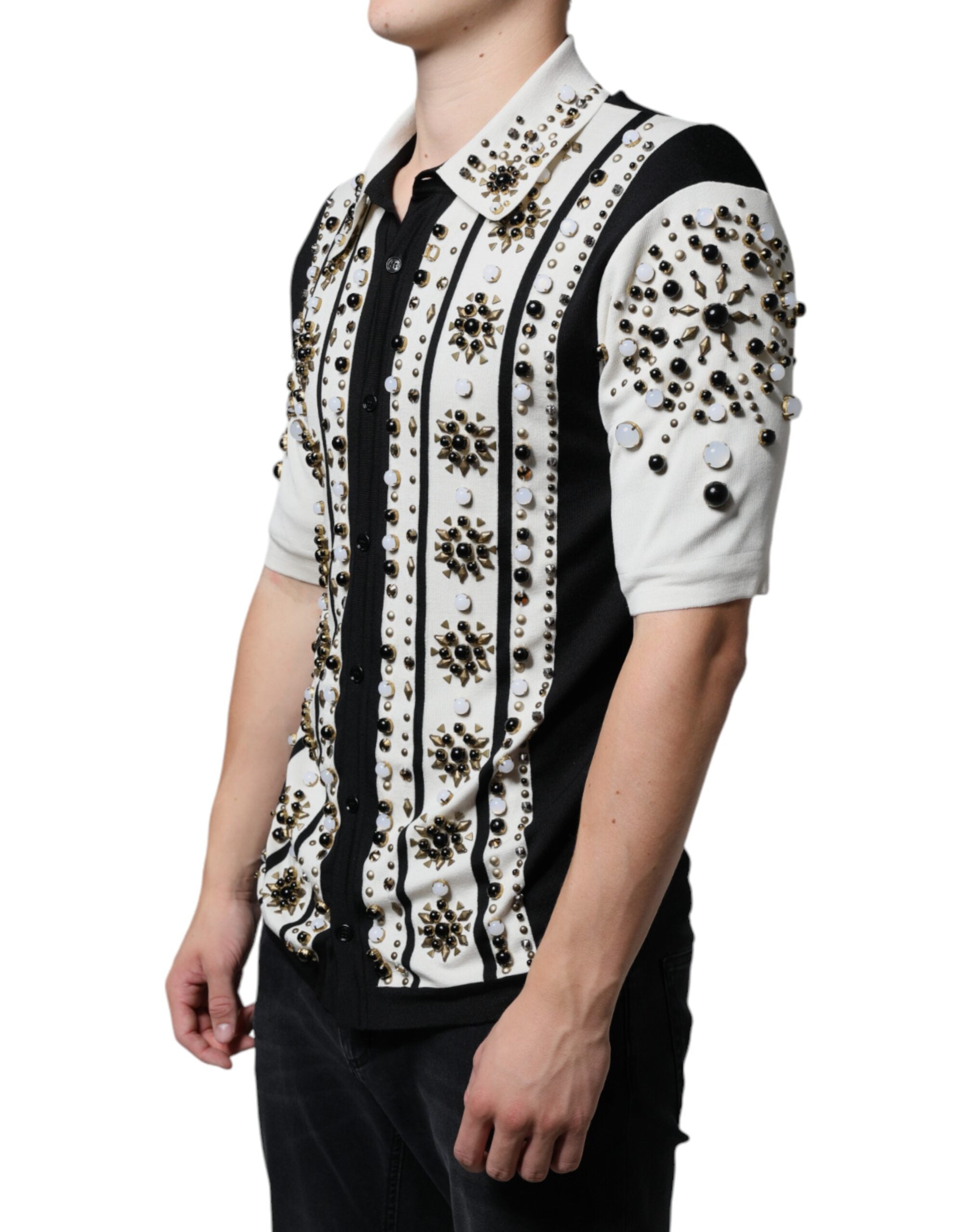White Black Silk Studded Stone Crystal Shirt - ventzia