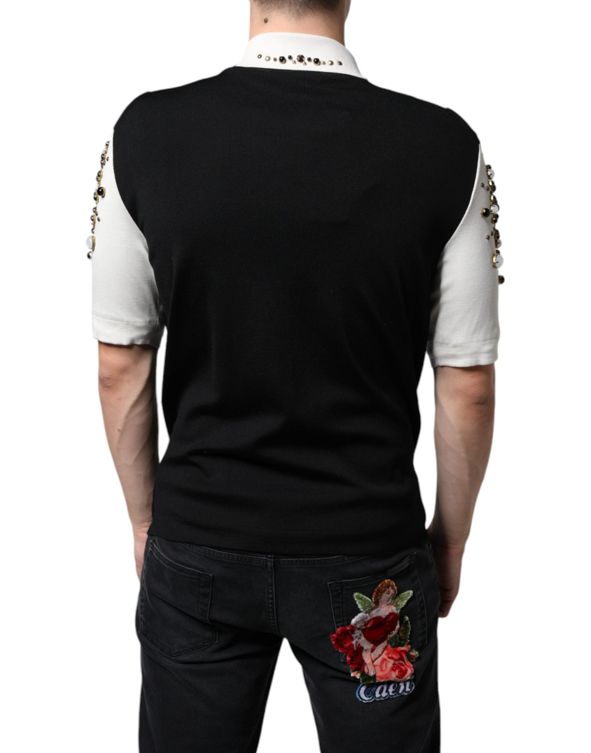White Black Silk Studded Stone Crystal Shirt - ventzia
