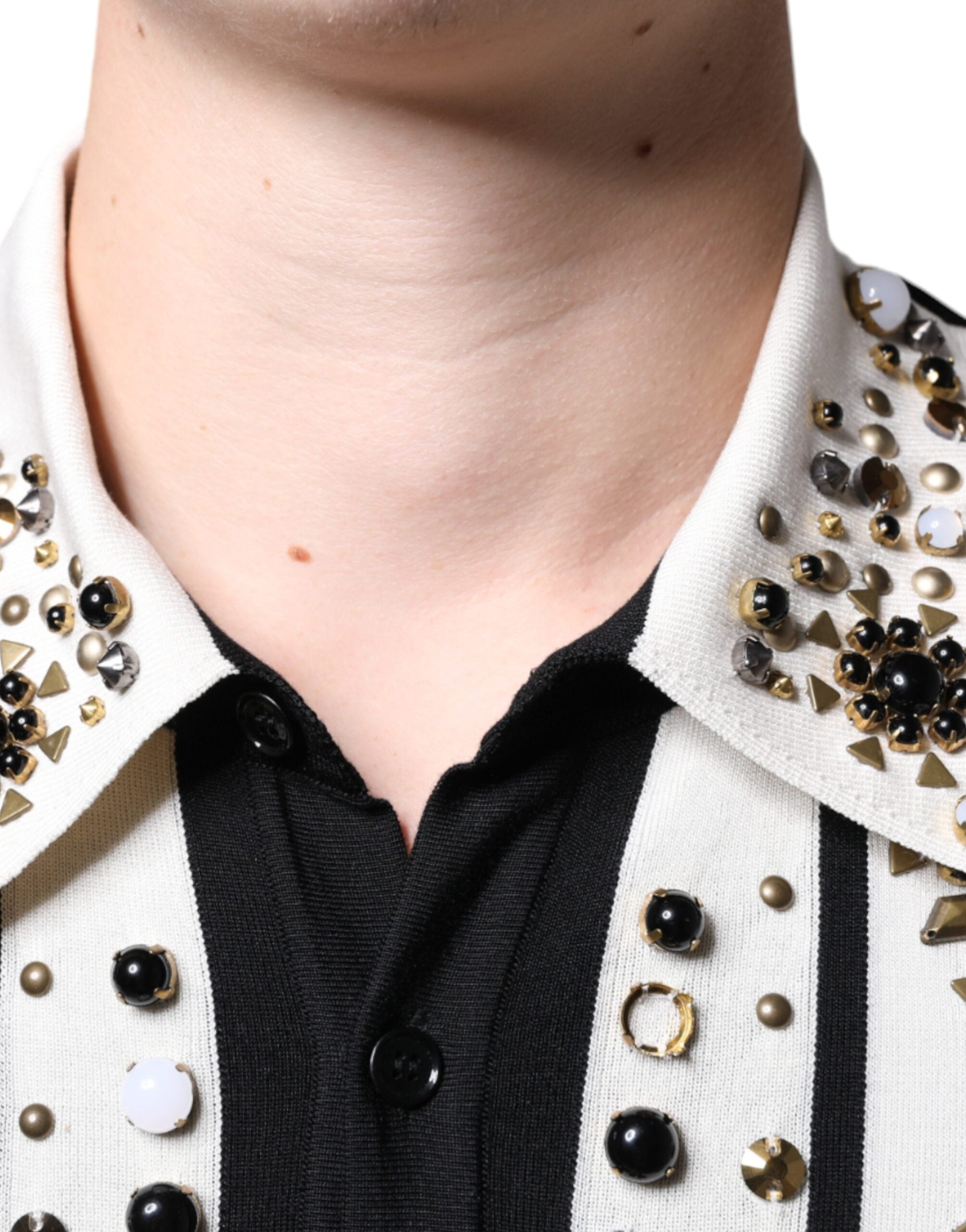 White Black Silk Studded Stone Crystal Shirt - ventzia