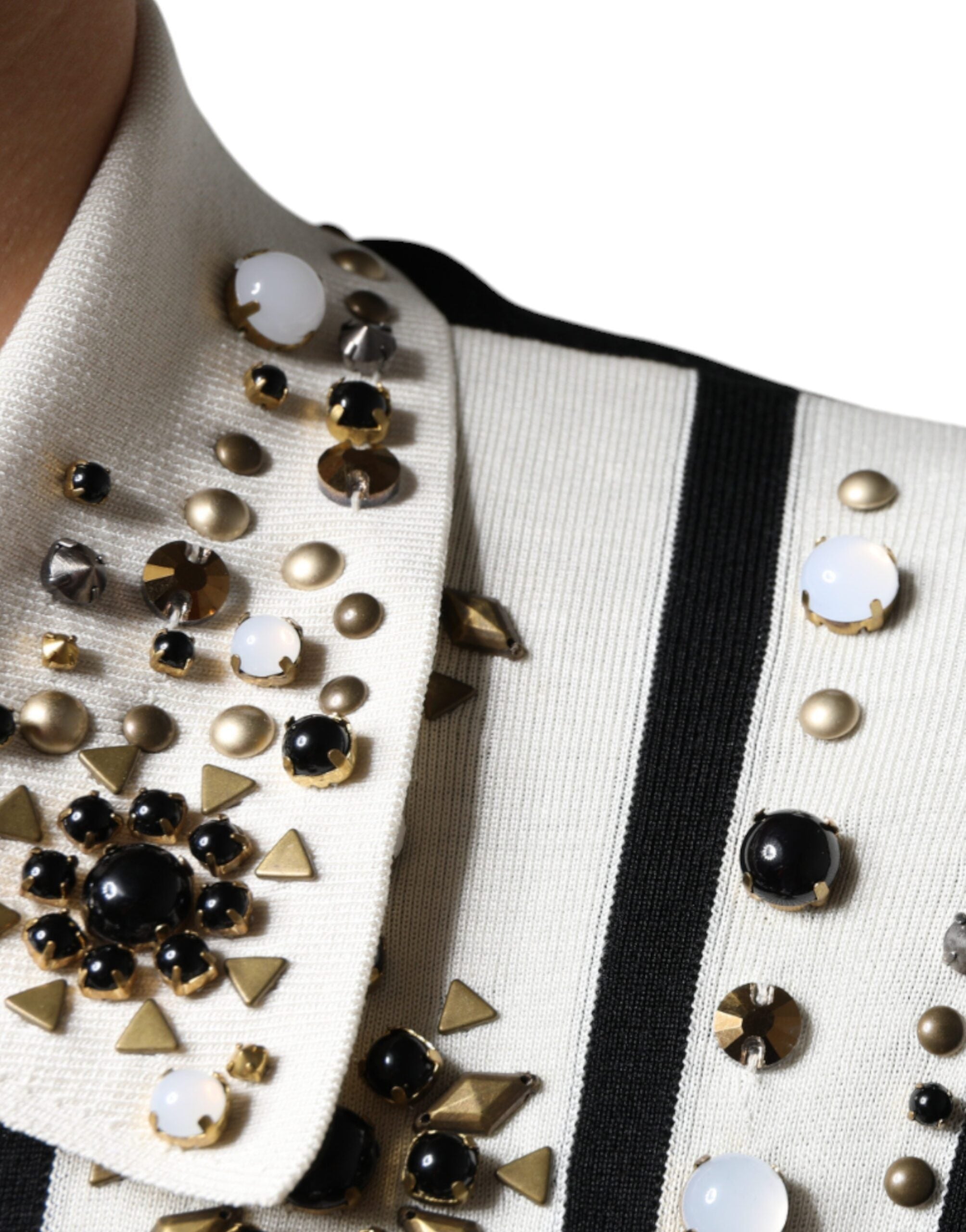 White Black Silk Studded Stone Crystal Shirt - ventzia