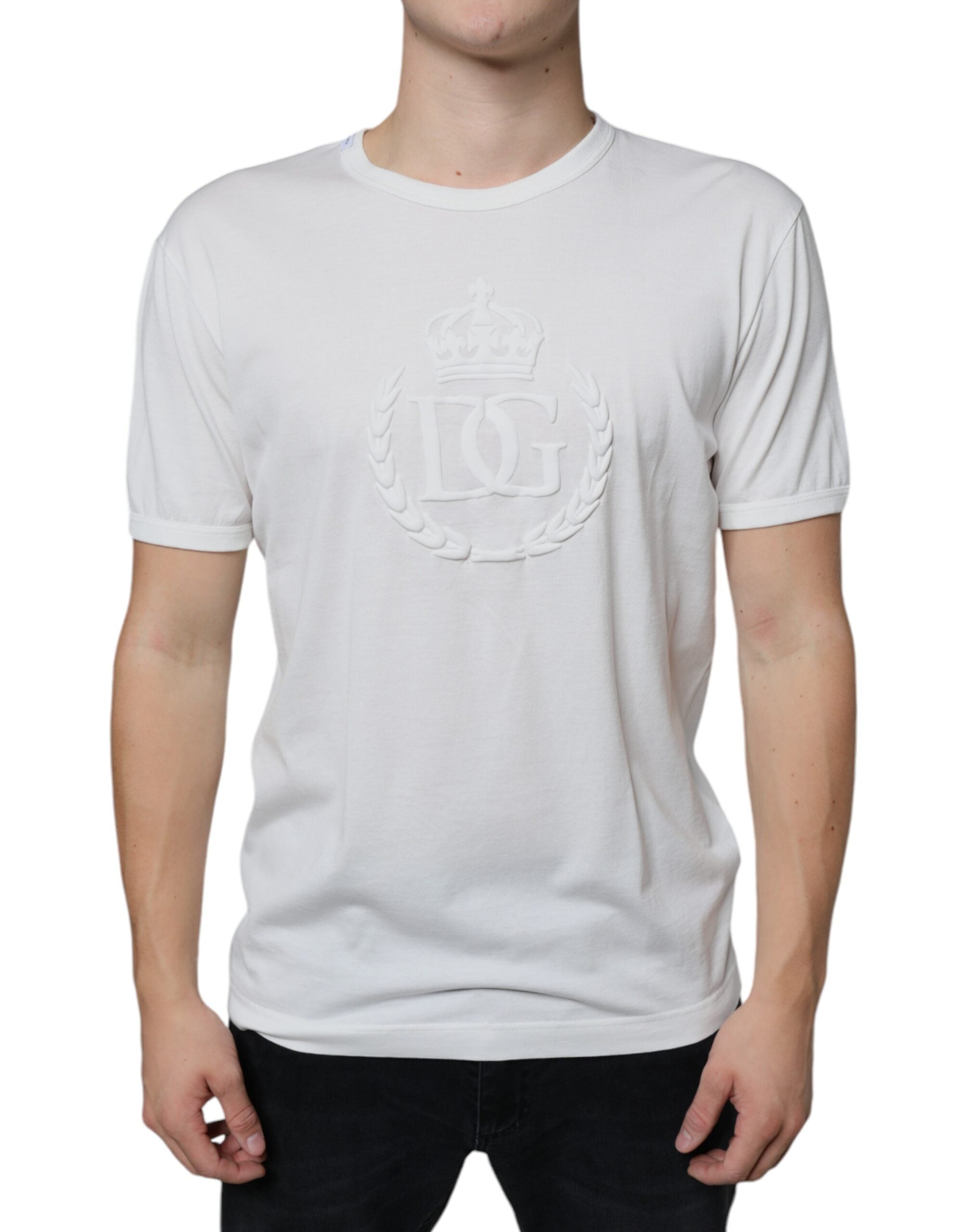 White Logo Embossed Cotton Crewneck T-shirt - ventzia