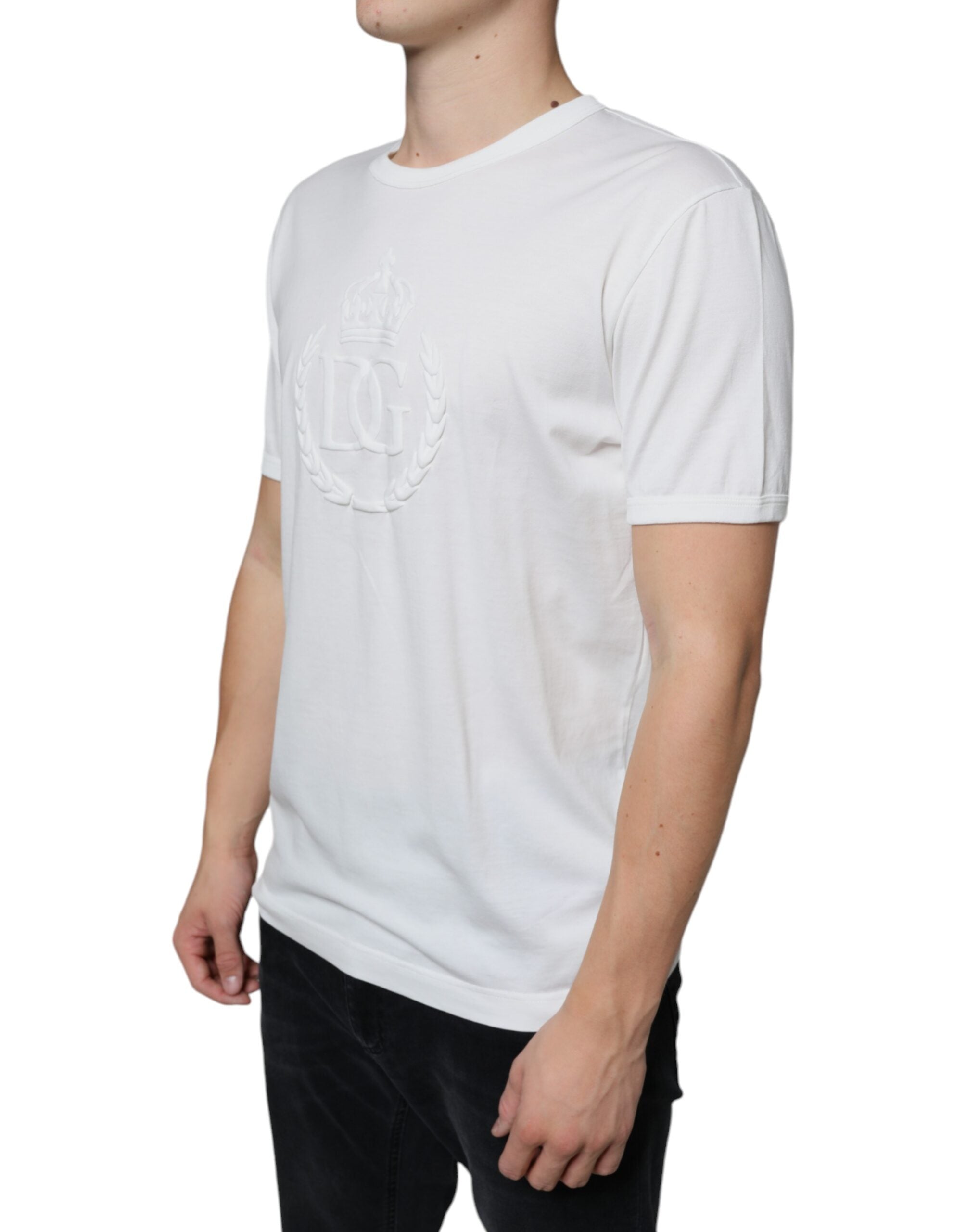 White Logo Embossed Cotton Crewneck T-shirt - ventzia