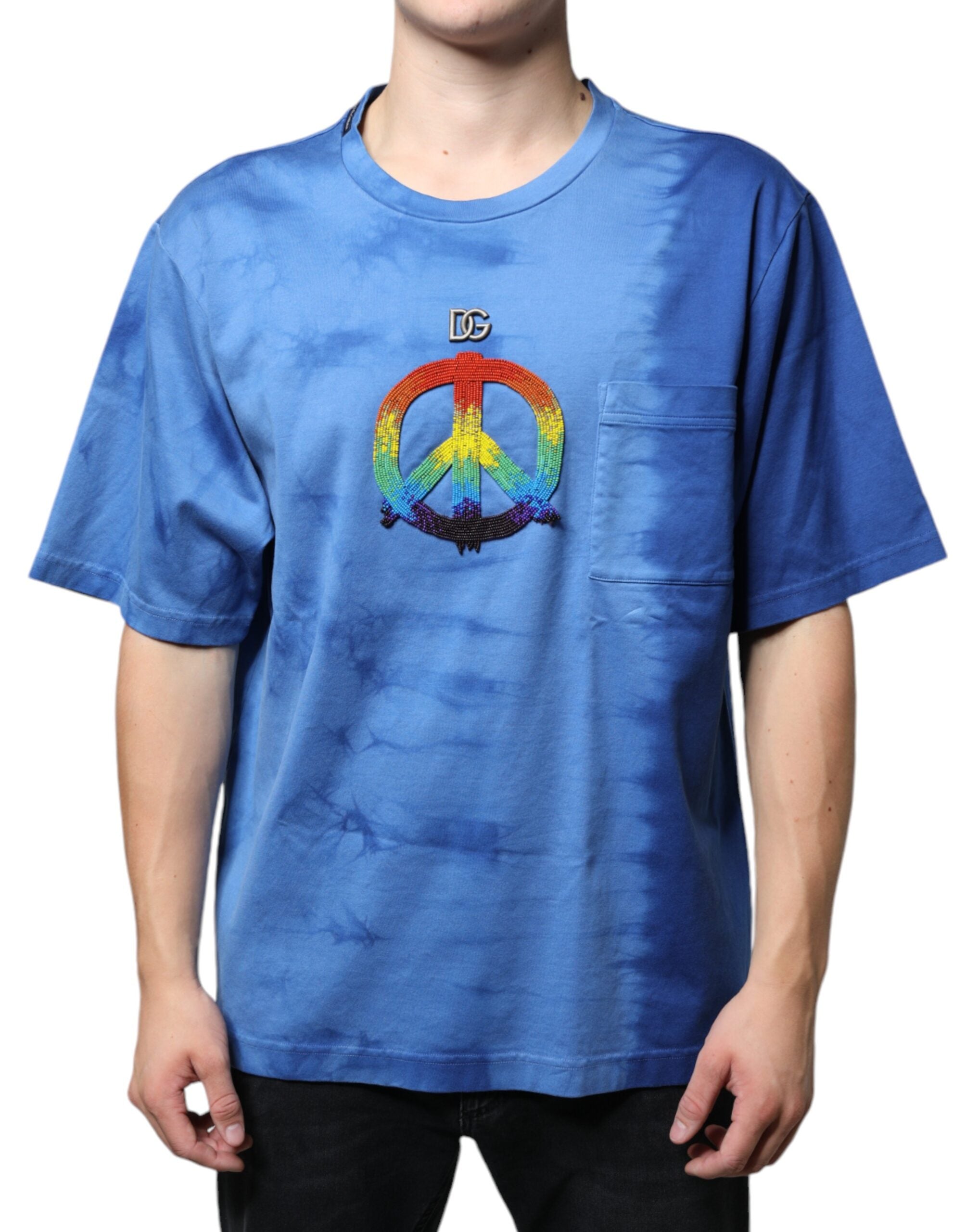 Blue Tie-Dye Peace Sign Cotton T-shirt - ventzia