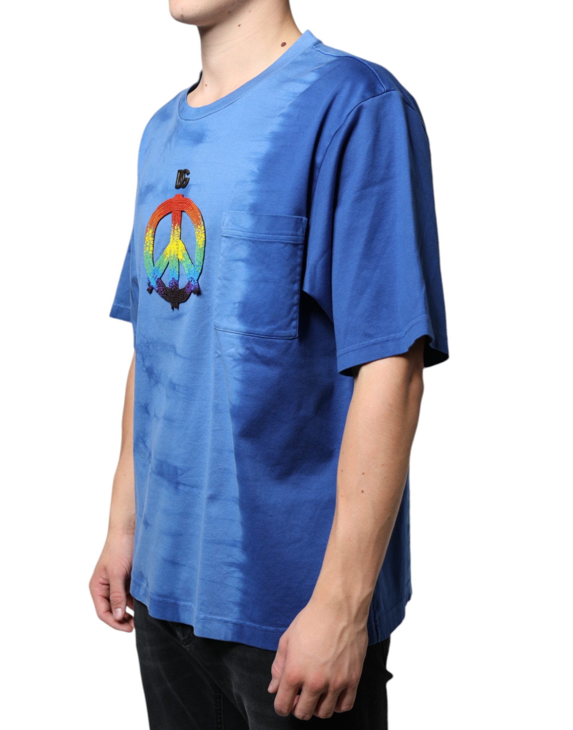 Blue Tie-Dye Peace Sign Cotton T-shirt - ventzia