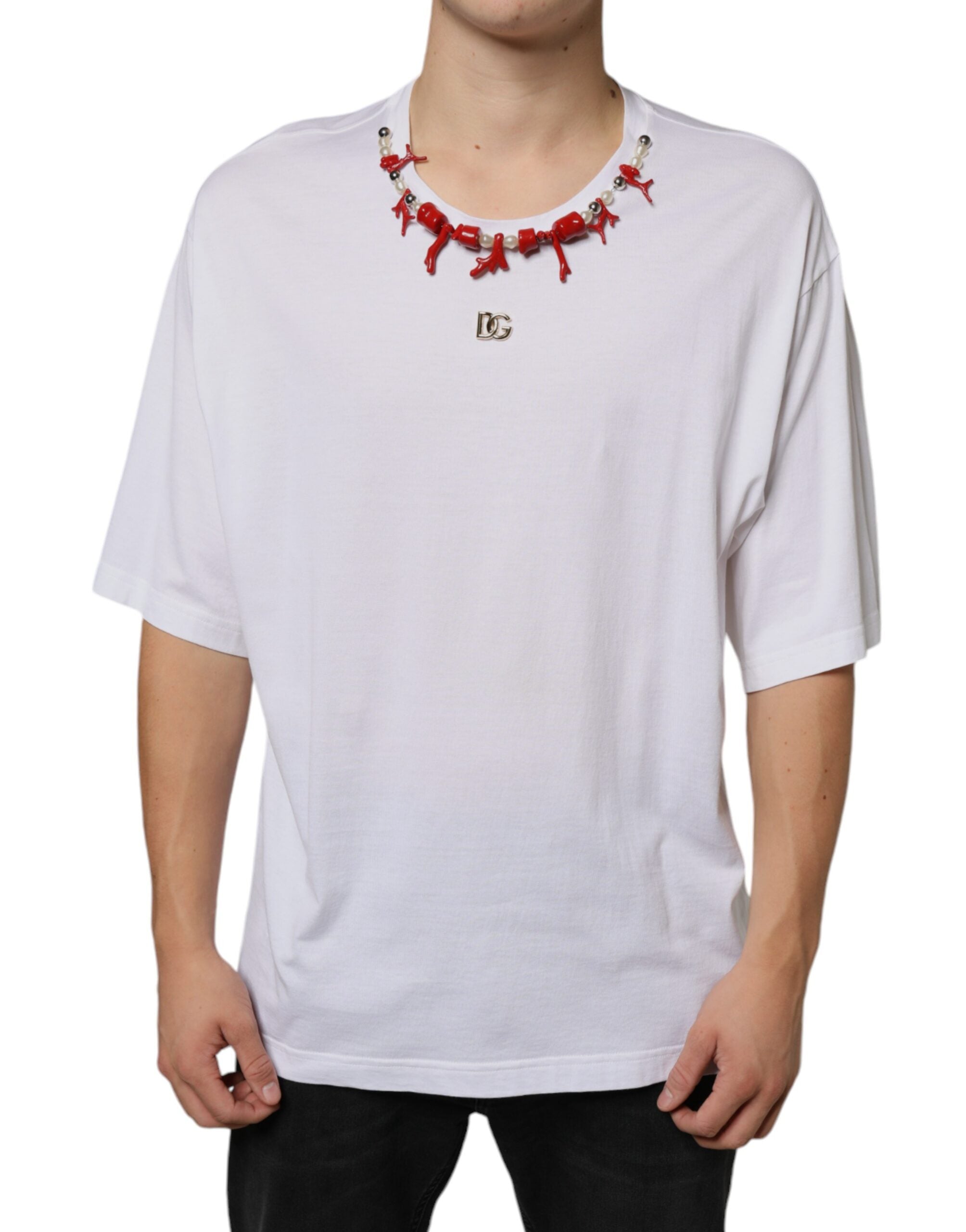 White Cotton Necklace Embellished T-shirt - ventzia