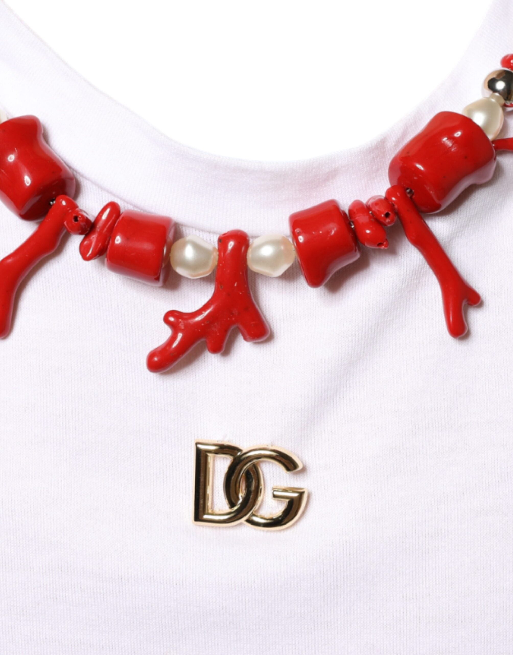 White Cotton Necklace Embellished T-shirt - ventzia