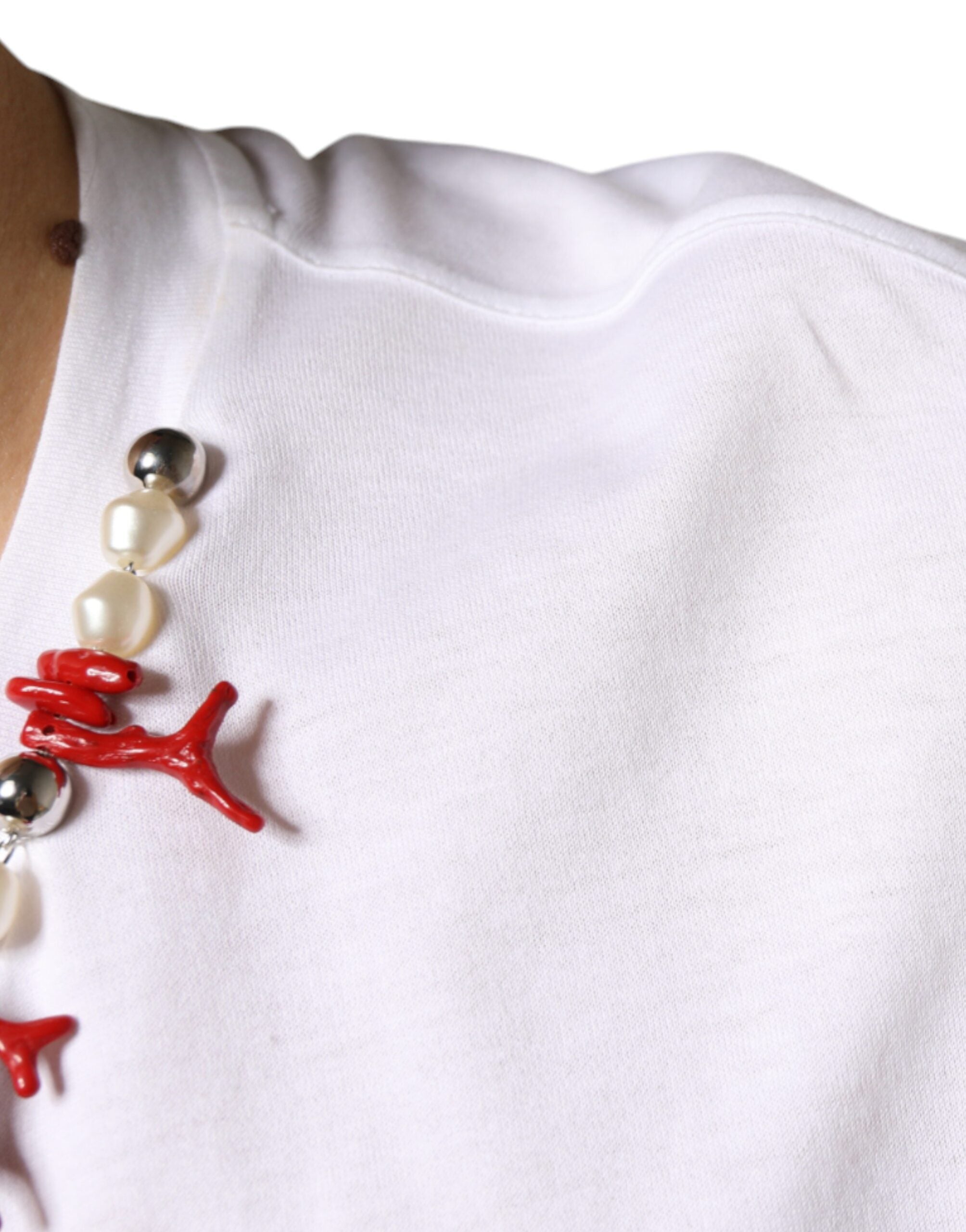 White Cotton Necklace Embellished T-shirt - ventzia