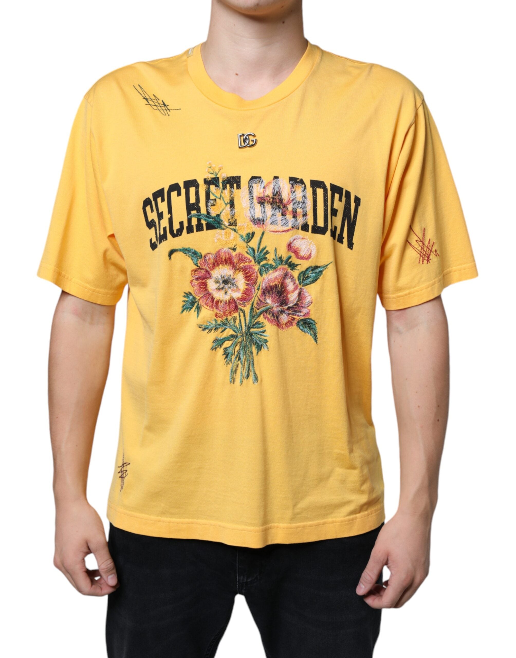 Yellow Secret Graden Floral Cotton Crew Neck T-shirt - ventzia