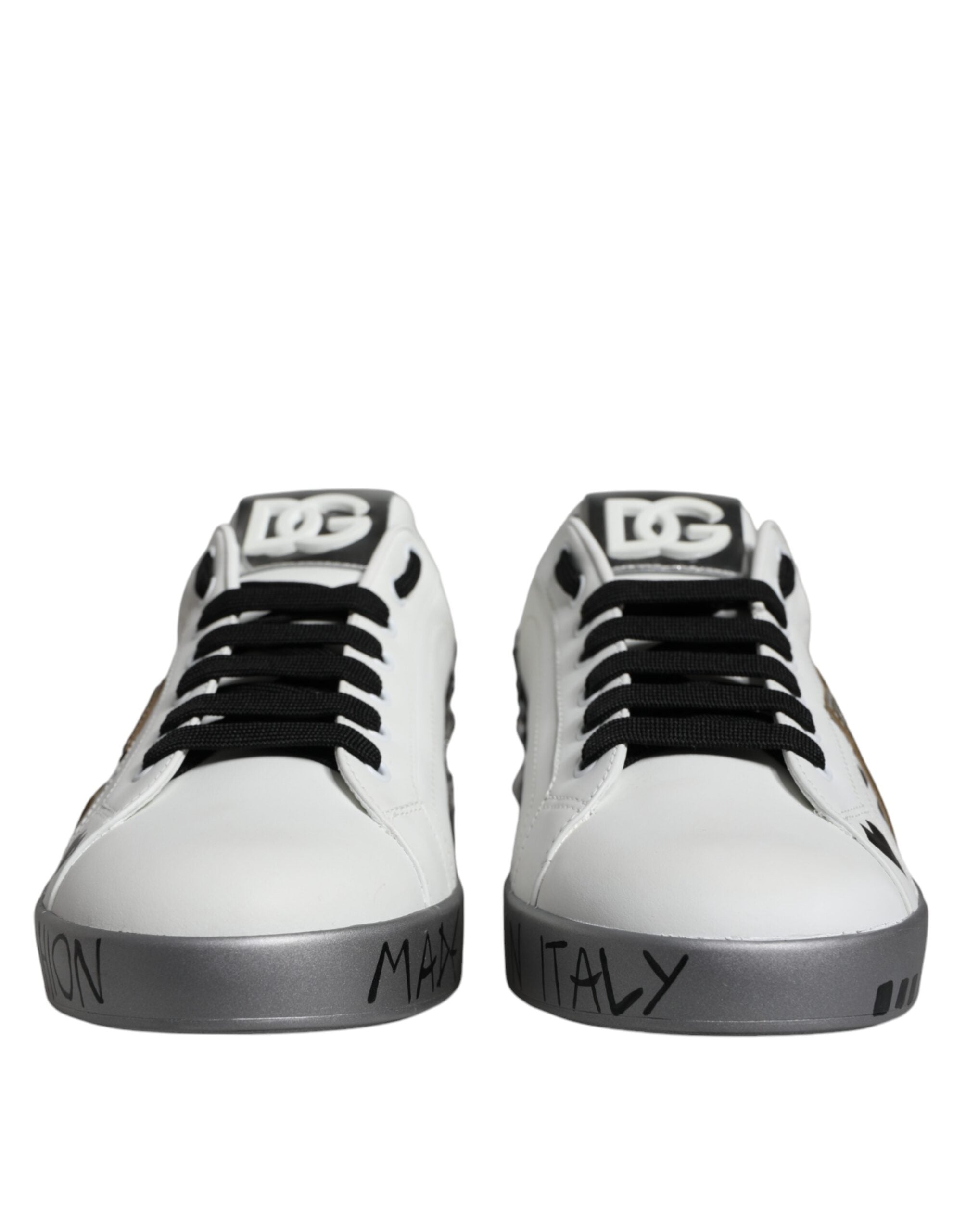 White Silver Crystal Logo Portofino Sneakers Shoes - ventzia