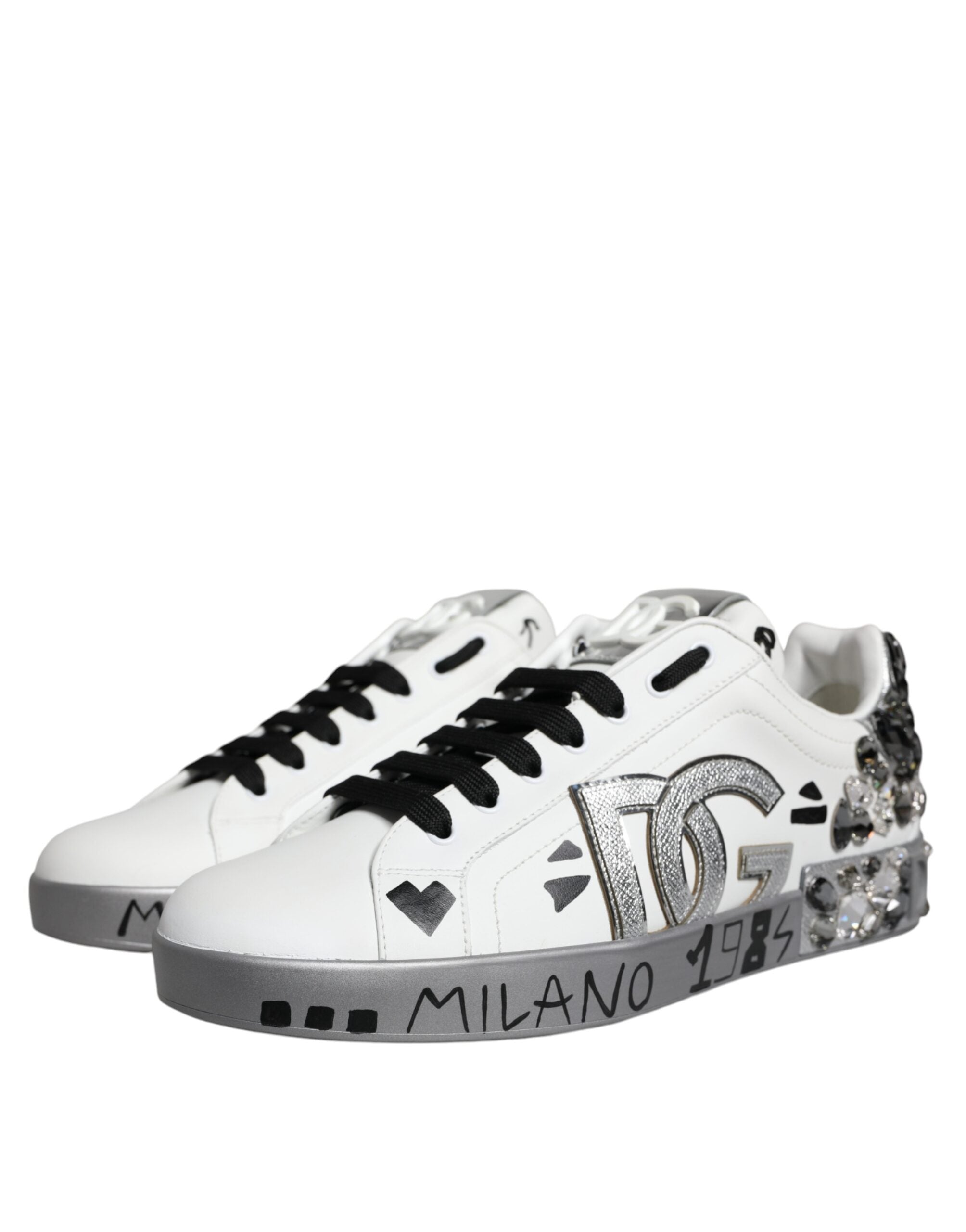 White Silver Crystal Logo Portofino Sneakers Shoes - ventzia