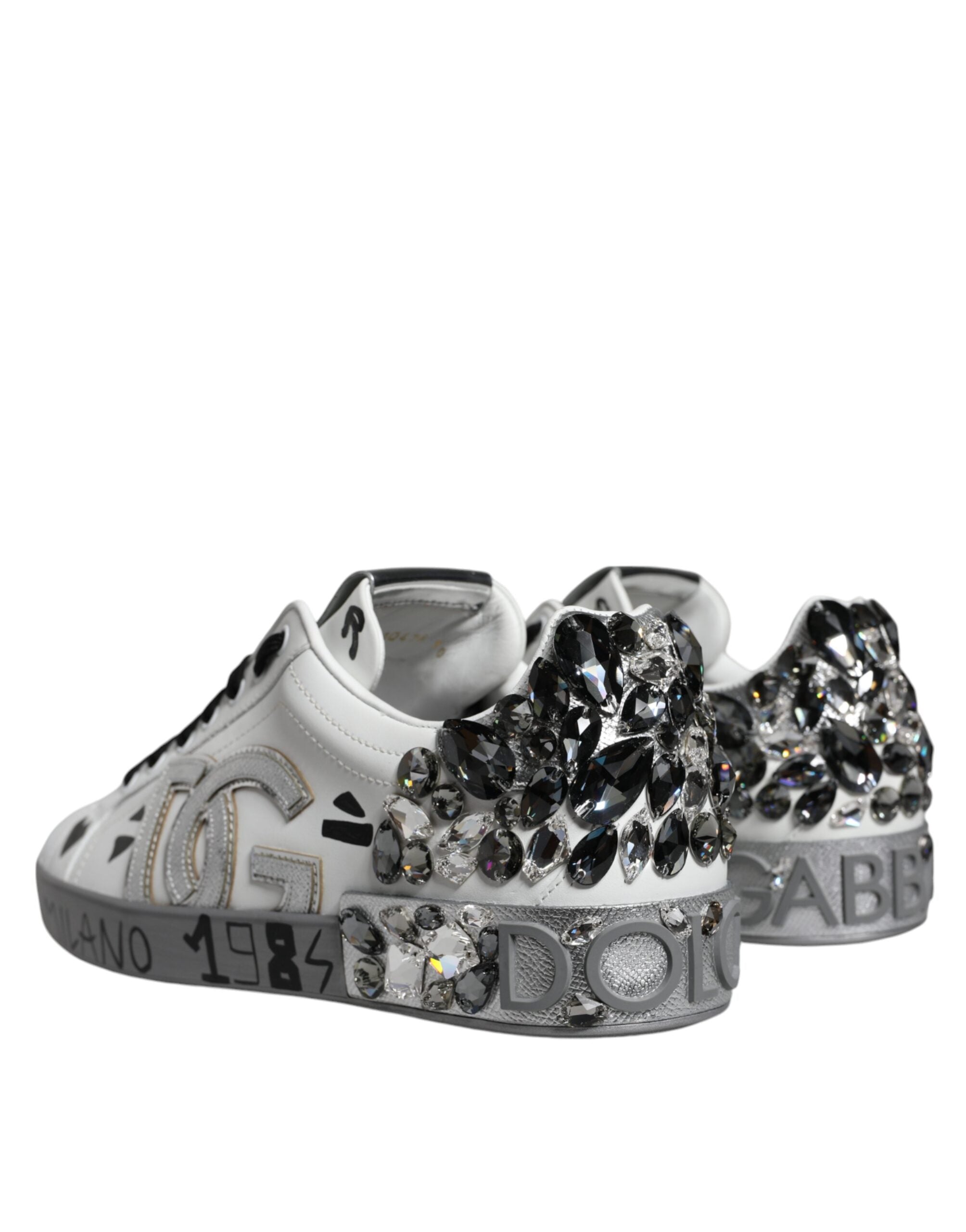 White Silver Crystal Logo Portofino Sneakers Shoes - ventzia