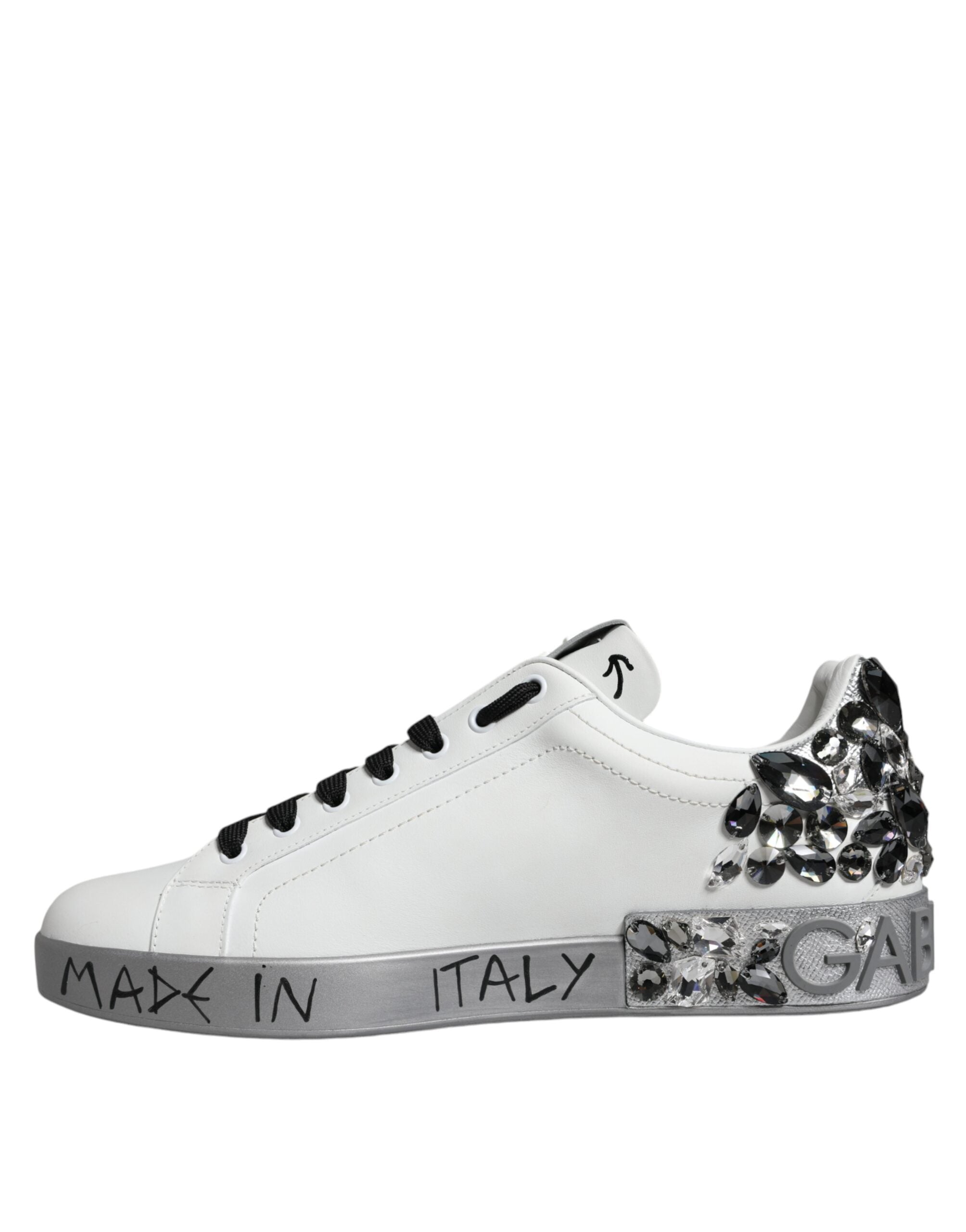 White Silver Crystal Logo Portofino Sneakers Shoes - ventzia