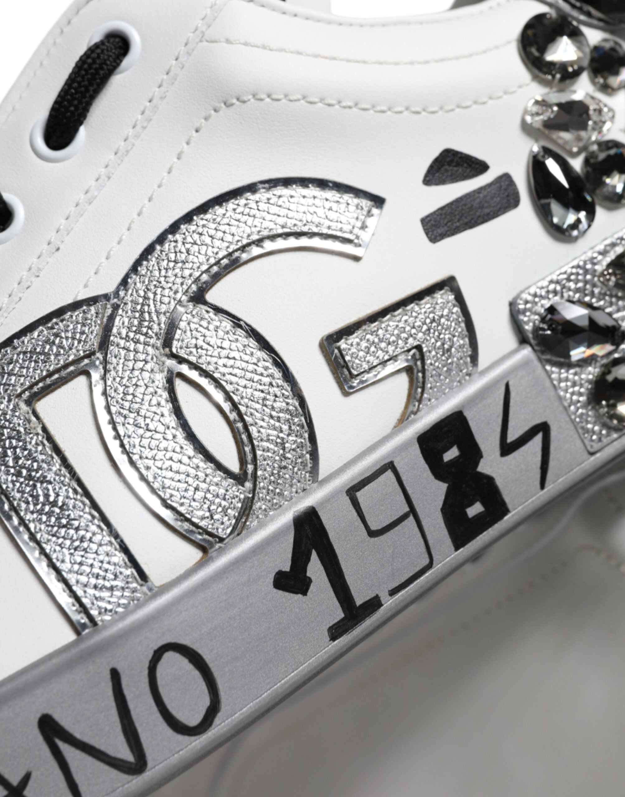 White Silver Crystal Logo Portofino Sneakers Shoes - ventzia