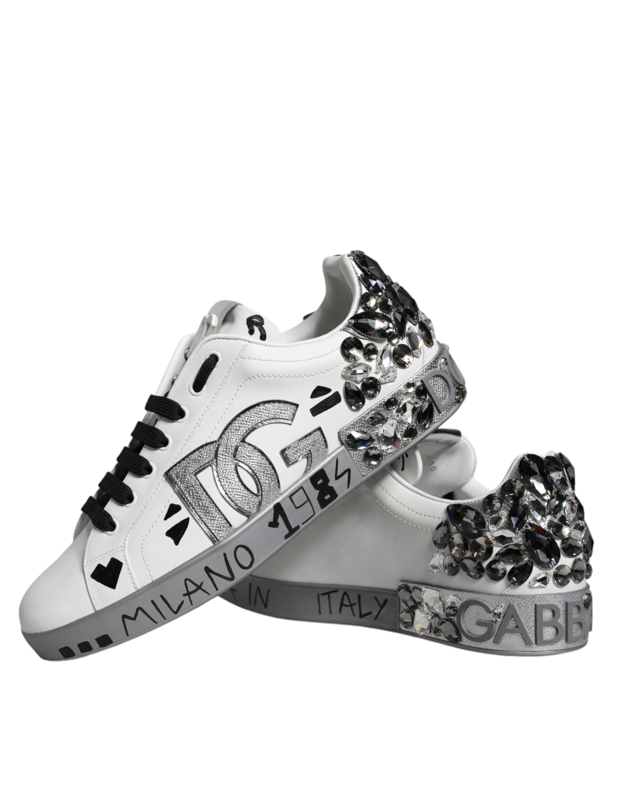 White Silver Crystal Logo Portofino Sneakers Shoes - ventzia