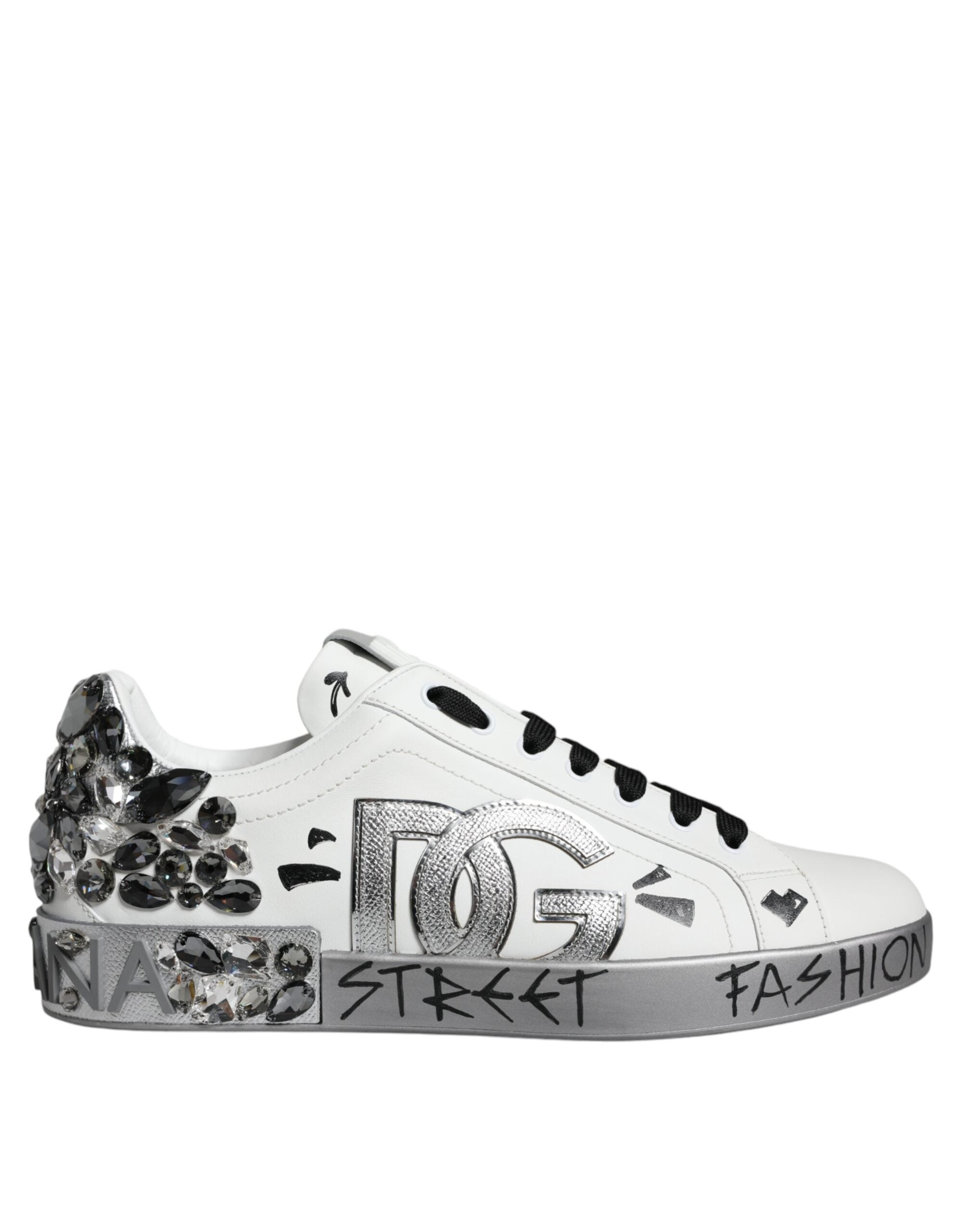 White Silver Crystal Logo Portofino Sneakers Shoes - ventzia