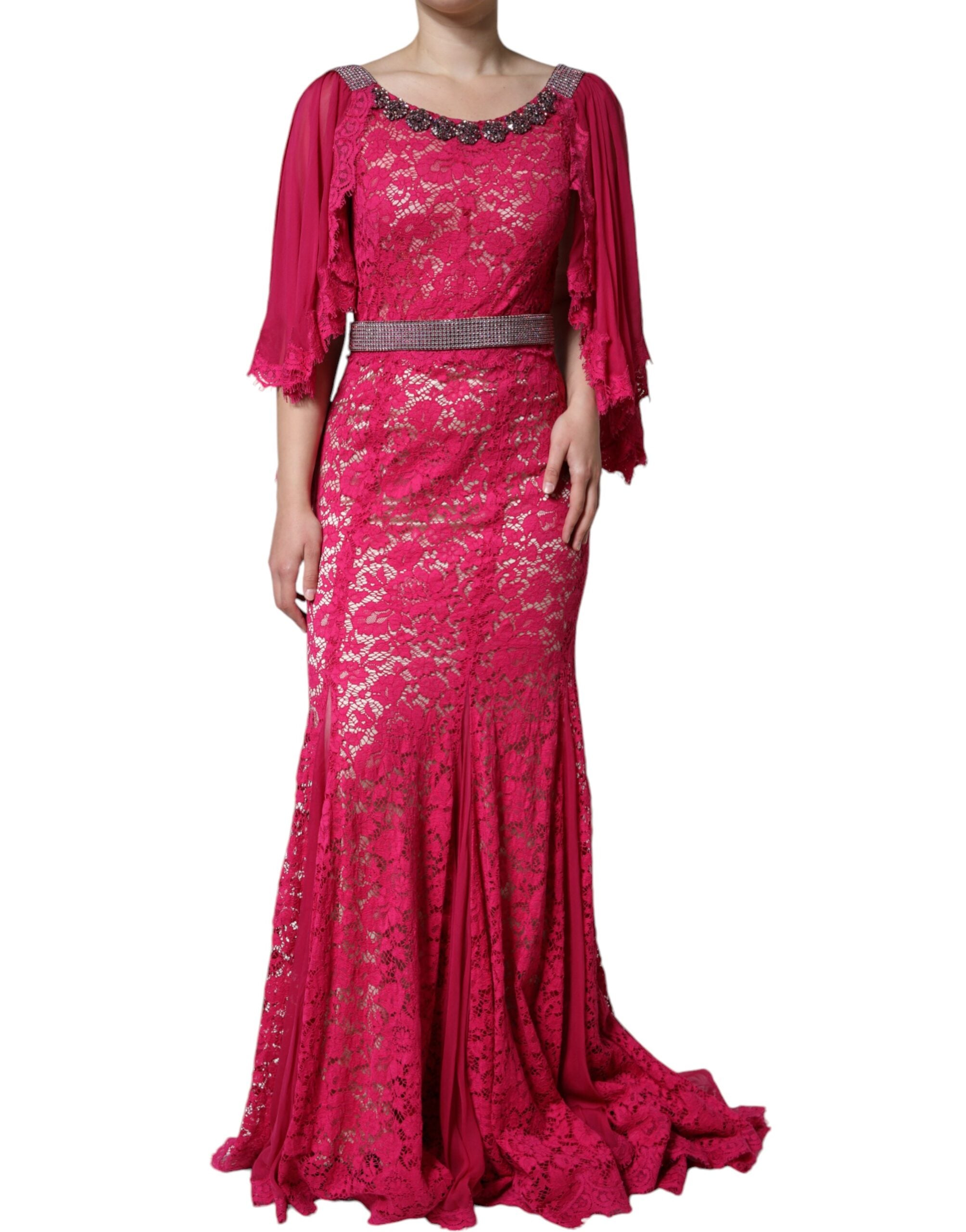 Pink Lace Crystal Sheath Long Gown Dress - ventzia