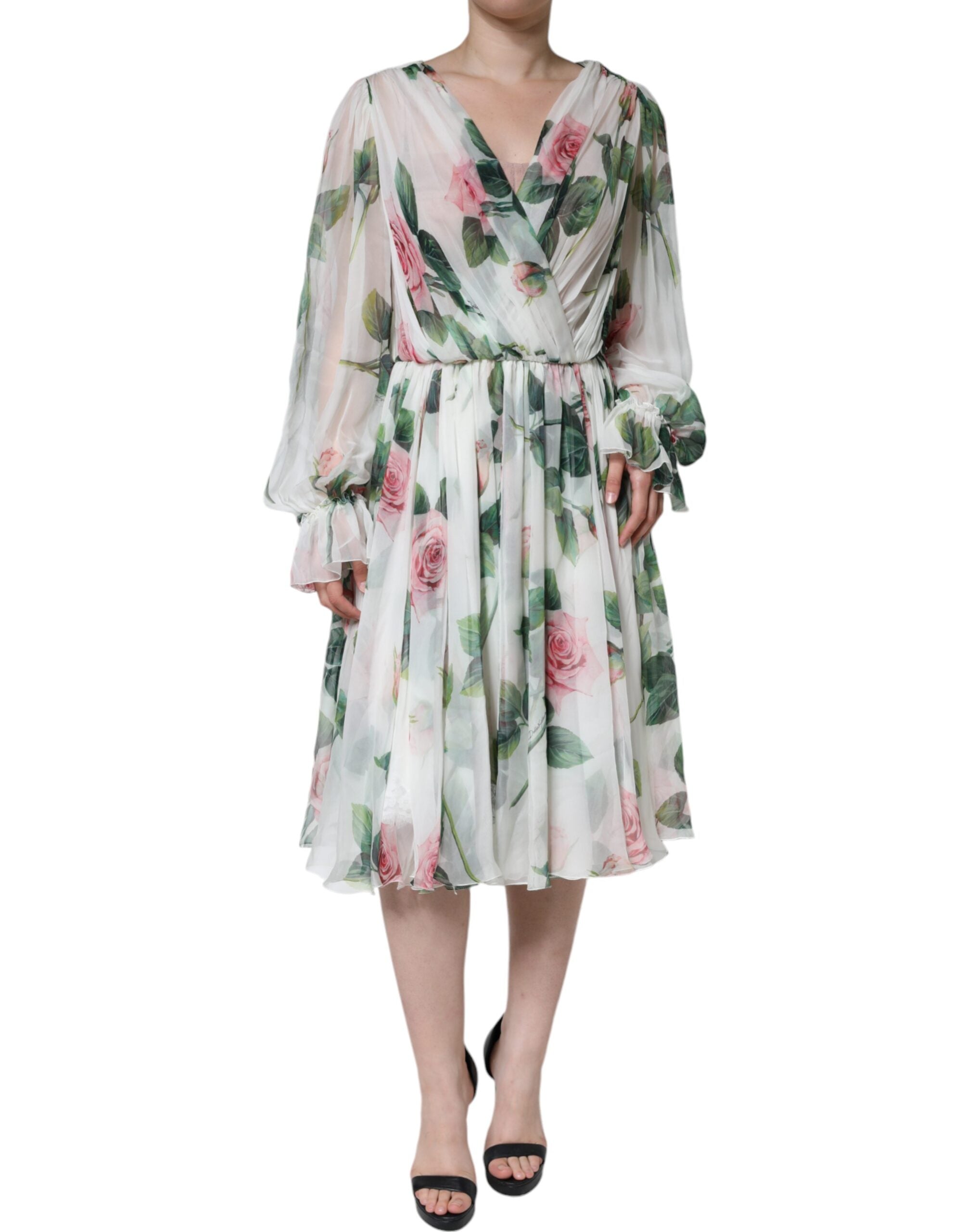 White Silk Floral Print A-line Midi Dress - ventzia